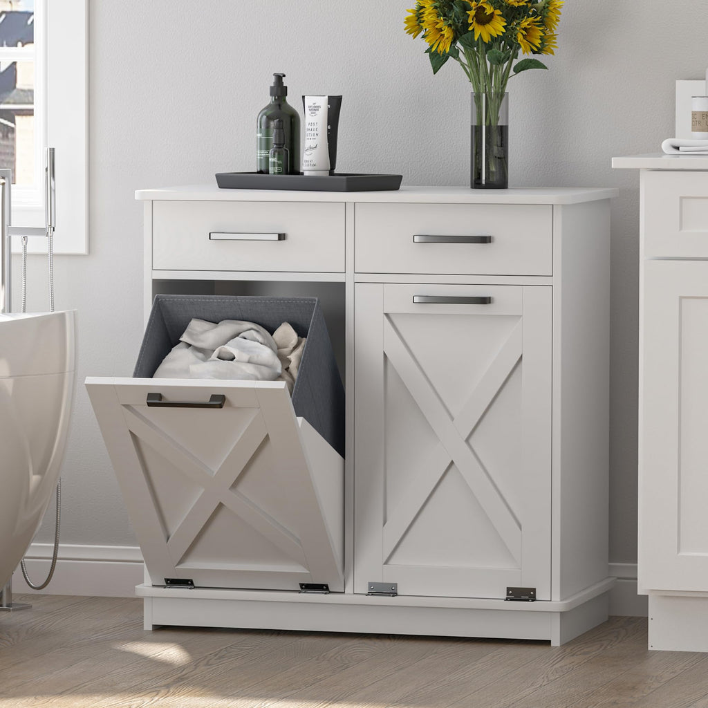 Mepplzian White Double Tilt Out Laundry Hamper Cabinet Laundry Basket Cabinet Hidden Laundry Hamper with 2 Drawers & 2 Baskets for Bathroom,30x30x16in（Barn Door Panel）