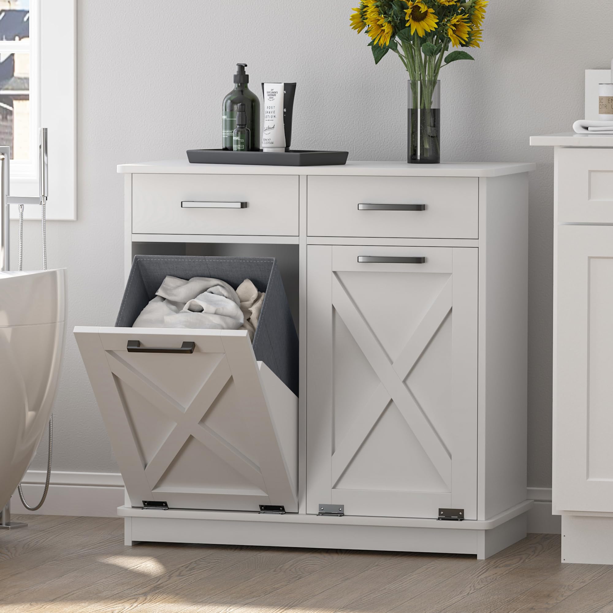 Mepplzian White Double Tilt Out Laundry Hamper Cabinet Laundry Basket Cabinet Hidden Laundry Hamper with 2 Drawers & 2 Baskets for Bathroom,30x30x16in（Barn Door Panel）