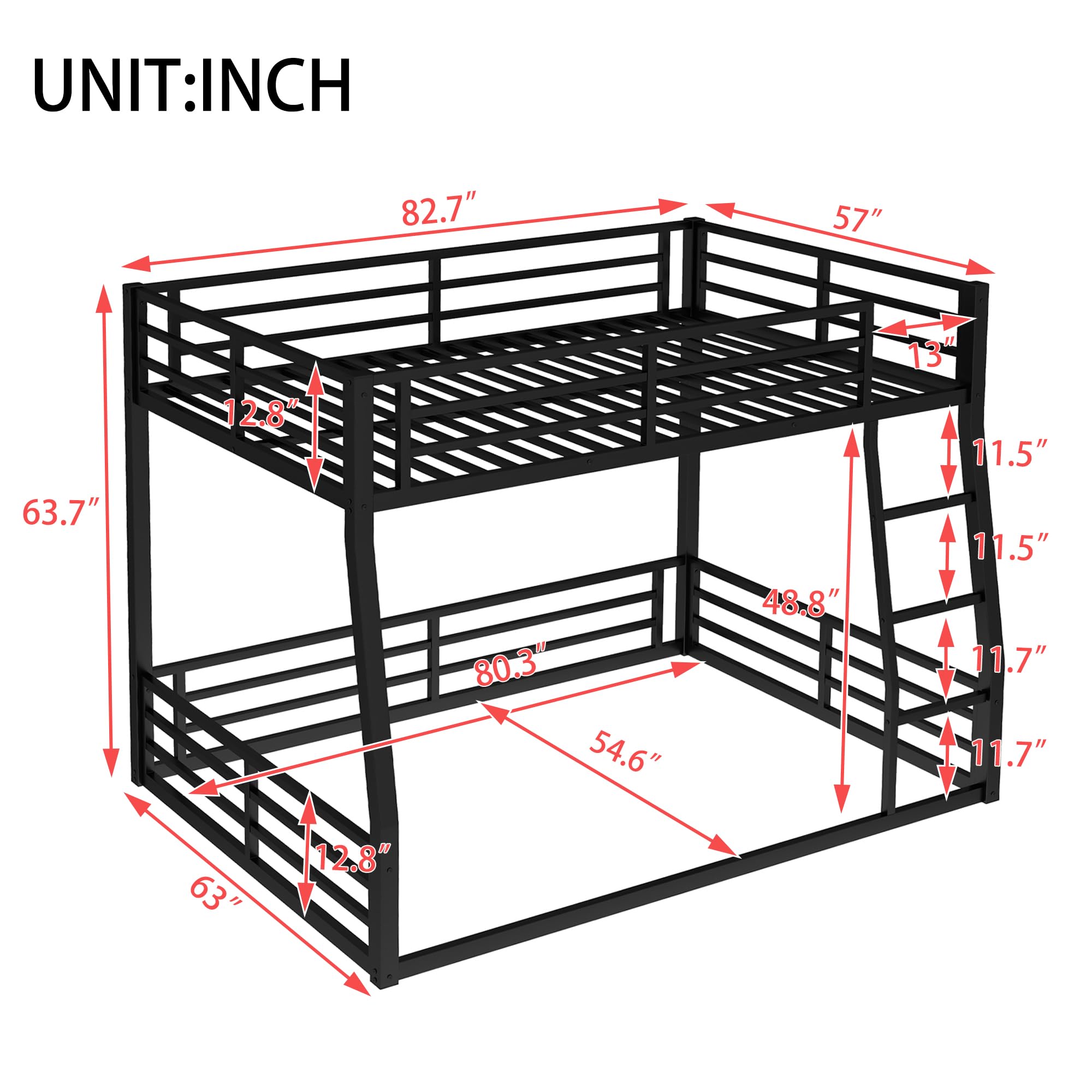 Full XL Over Queen Bunk Bed Frame with Noise Reduced Design, Heavy Buty Floor Bunk Bed Full XL Over Queen Bunk Beds with Build in Ladder for Adults, Teens(Black Floor Bunk Bed)