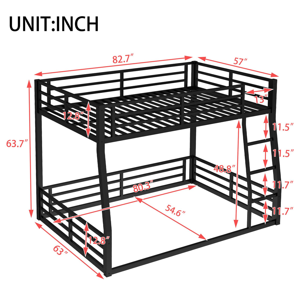 Full XL Over Queen Bunk Bed Frame with Noise Reduced Design, Heavy Buty Metal Floor Bunk Bed Full XL Over Queen Bunk Beds with Ladder for Adults, Teens
