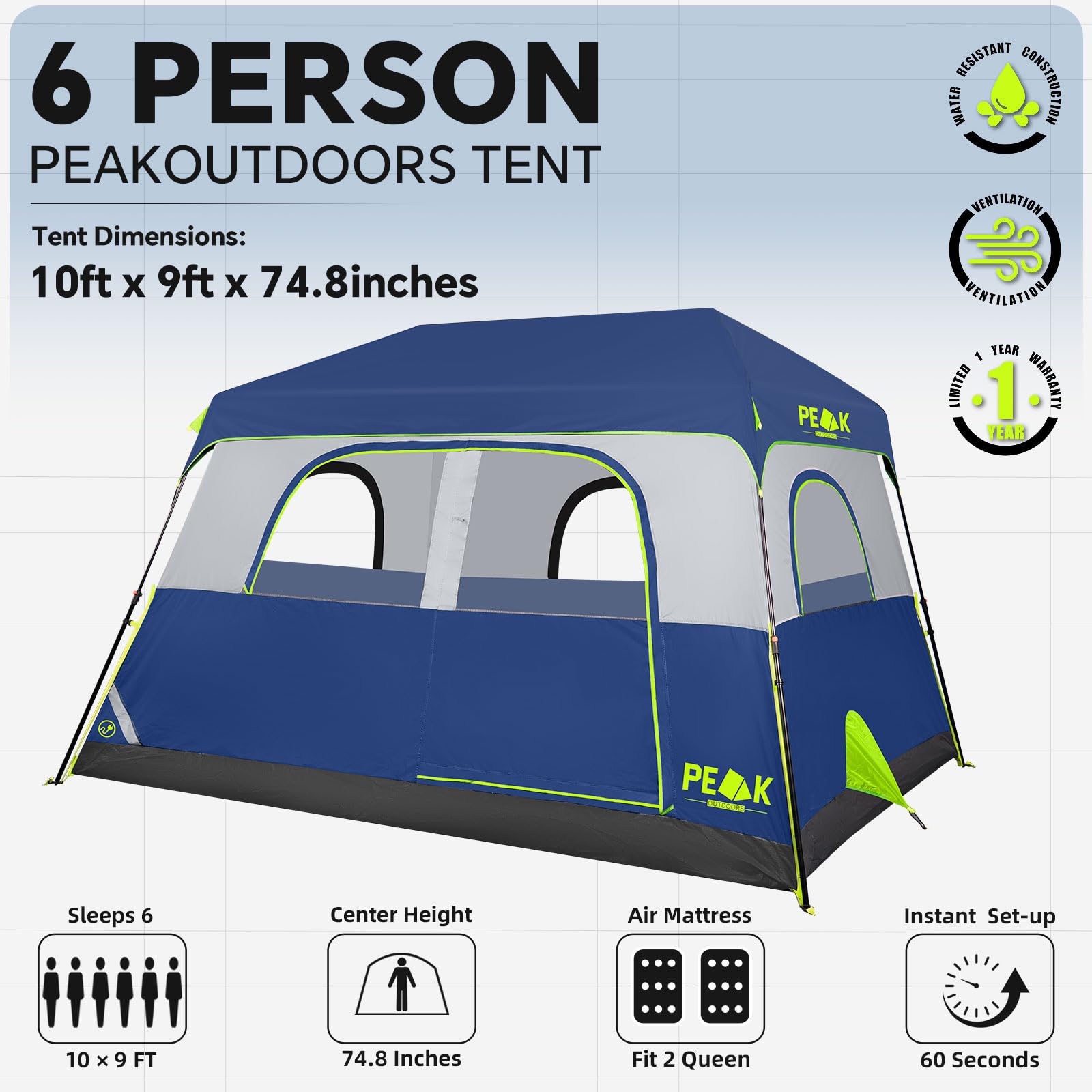 PEAK OUTDOORS Instant Tent 6/8 Person Tents for Camping, 60 Second Easy Setup Portable Camping Cabin Tent with Rainfly, Waterproof Pop Up Tents for Family Camping & Hiking with Expandable Carry Bag