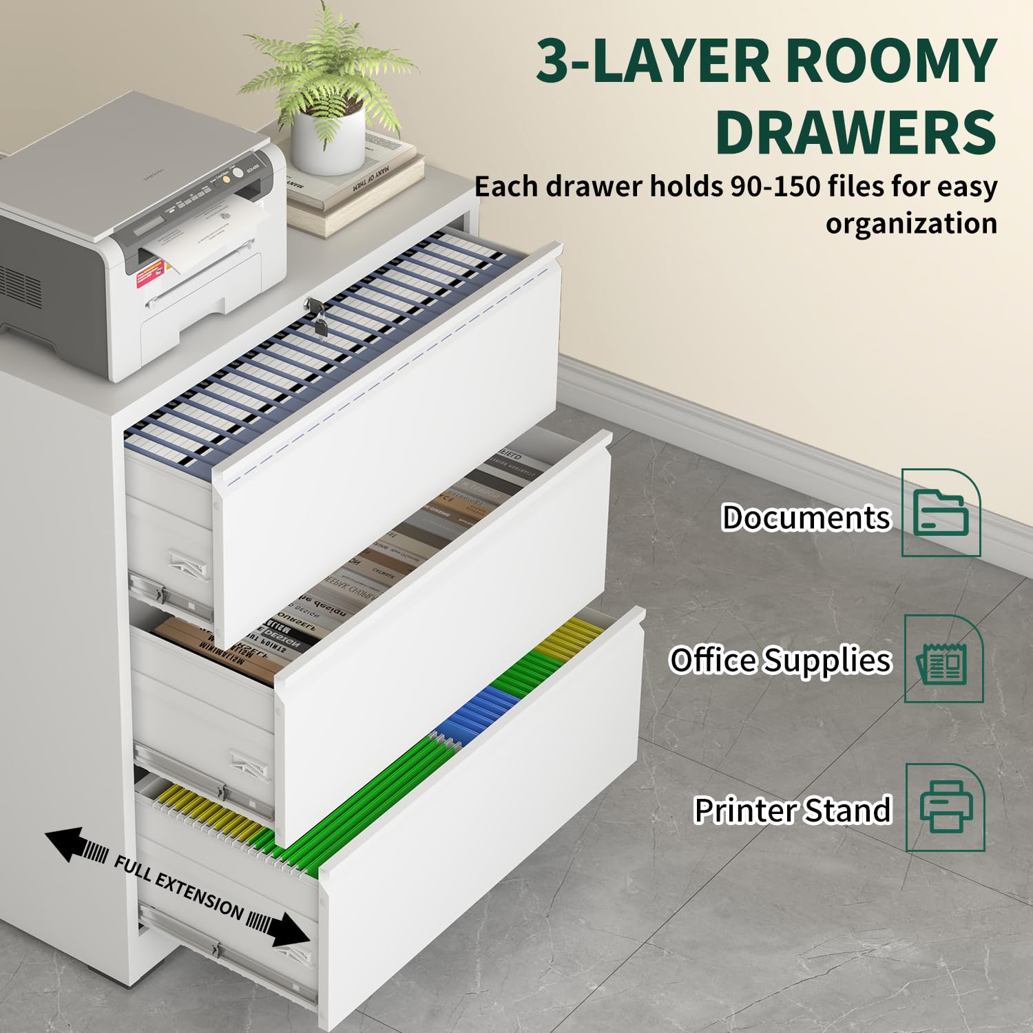 3 Drawer Lateral File Cabinet with Lock, Metal File Cabinets for Home Office, Office Furniture for Organization Hanging Legal/Letter/A4, Metal Filing Cabinet Storage Cabinet, Require Assembly, White