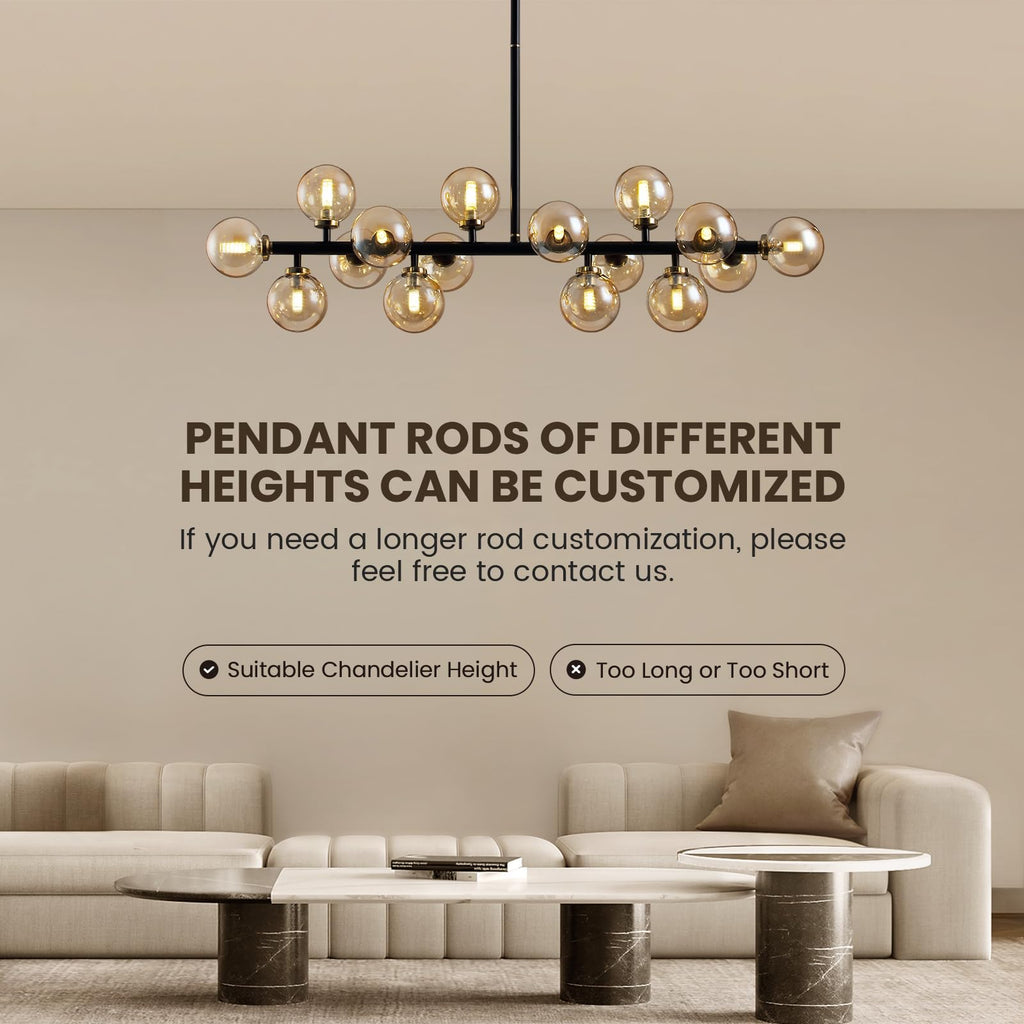 APBEAMLighting Mid Century Modern Chandeliers for Dining Room, 39" Linear Pendant Light Fixtures with Amber Glass Globe, 16-Light Sputnik Hanging Light for Living Room Kitchen Island