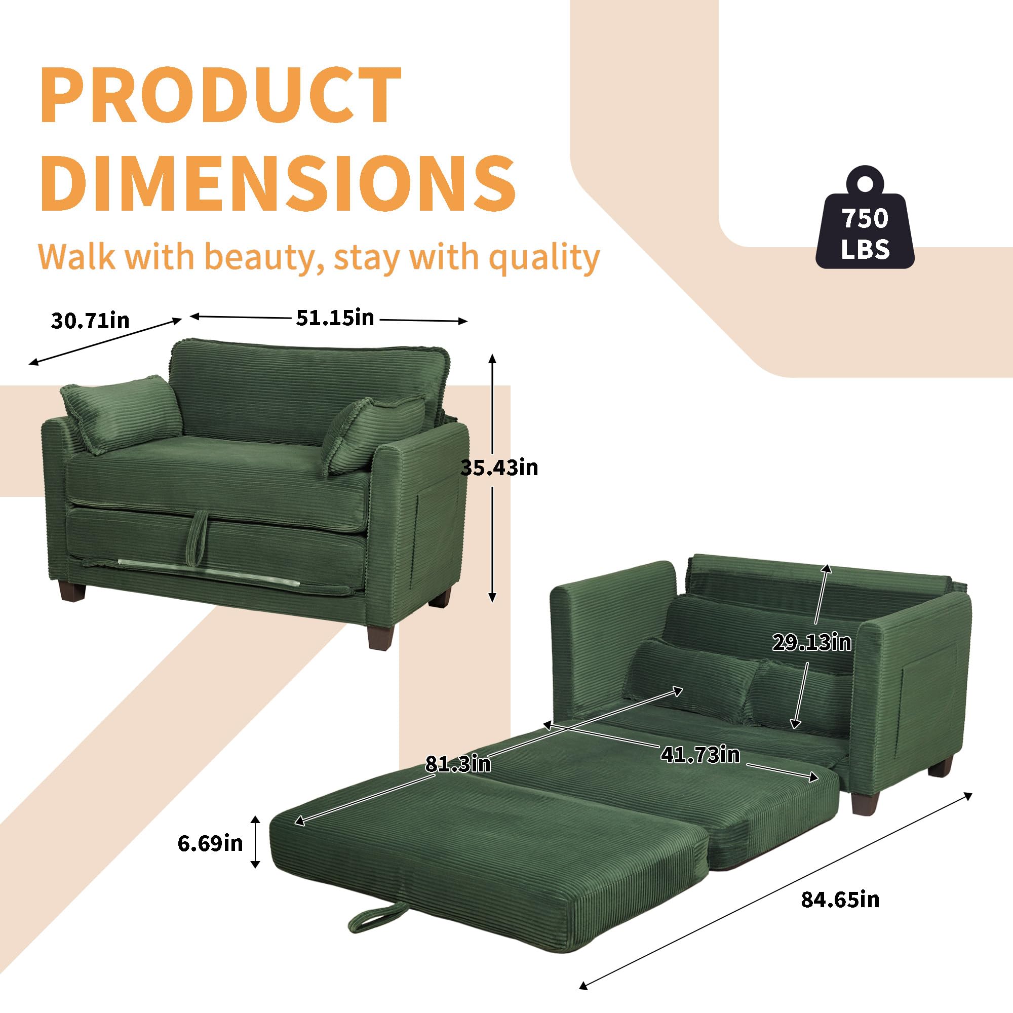 Eafurn 3 Fold Corduroy Sleeper Sofa Couch Bed - Foldable Convertible Futon Loveseat with Pull Out Sofabed and Side Pockets for Living Room Apartment