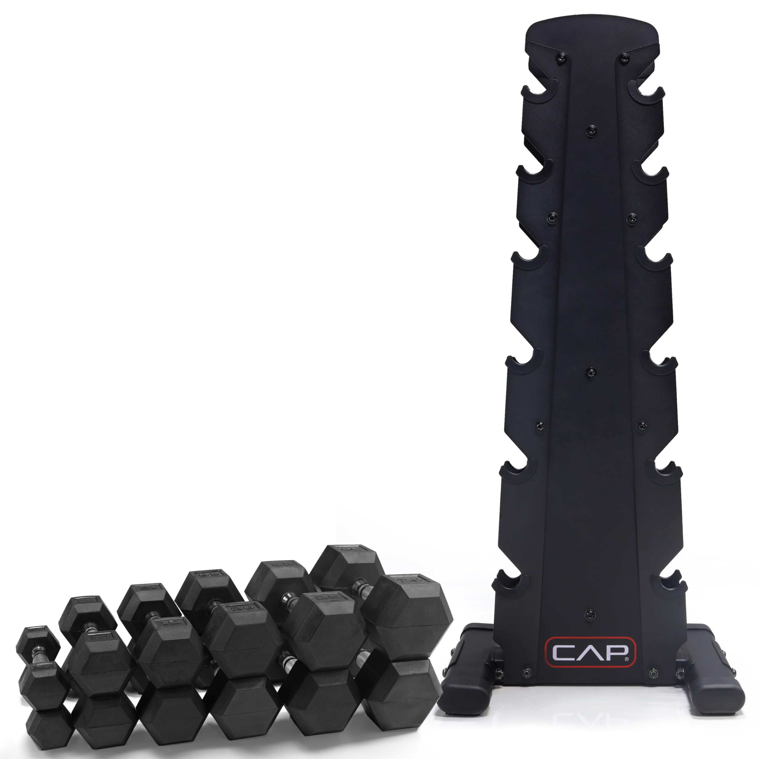 CAP 210 lb Rubber Coated Hex Dumbbell Set with Vertical Rack, Space-Saving Storage for Home Gym Strength Training, Chrome Handle, Black Rack