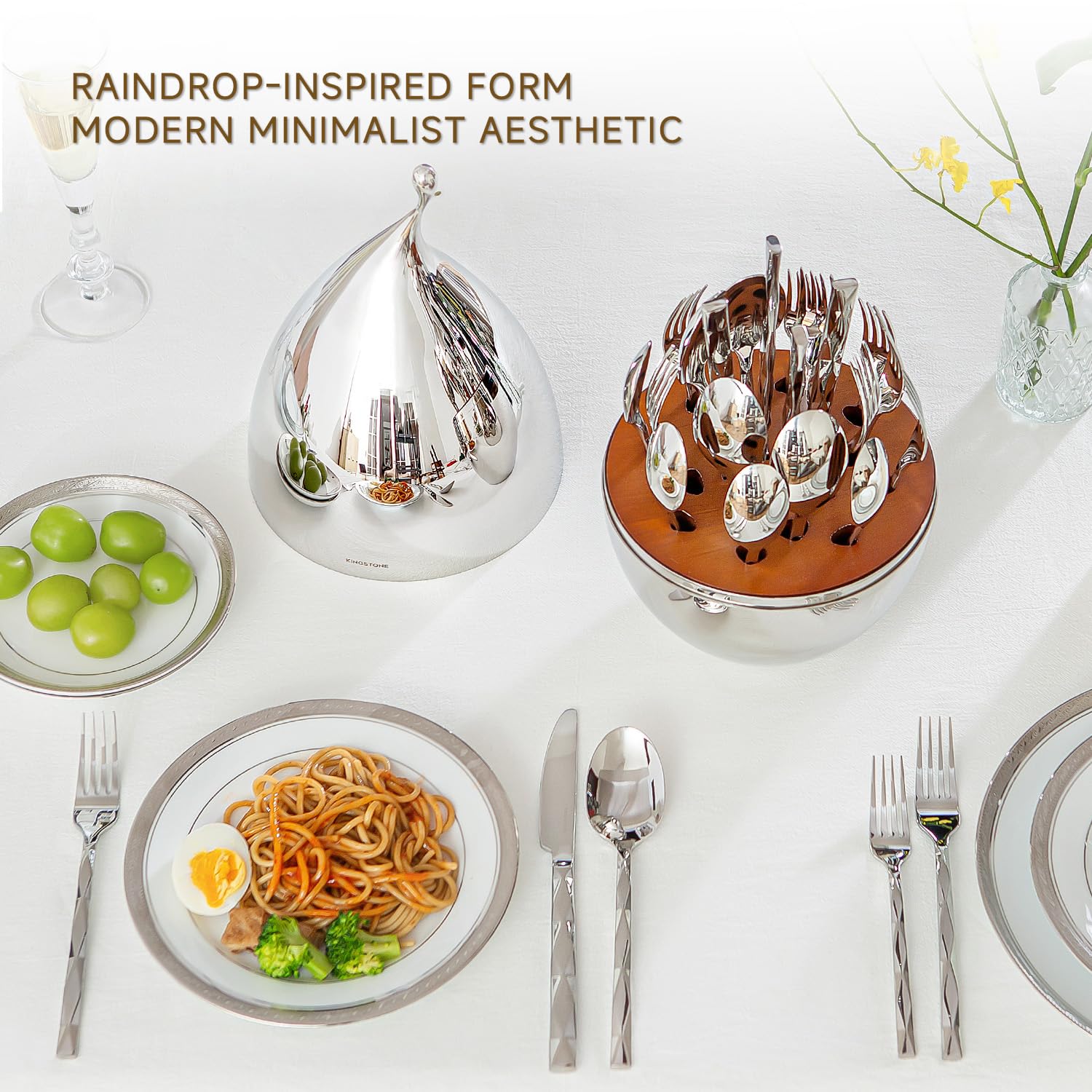 KINGSTONE Silverware Set with Waterdrop Storage Organizer, Luxury 20 Piece Flatware Set for 4, 18/10 Stainless Steel Cutlery Set with Diamond Cut Pattern Ideal for Kitchen,Party and Gift