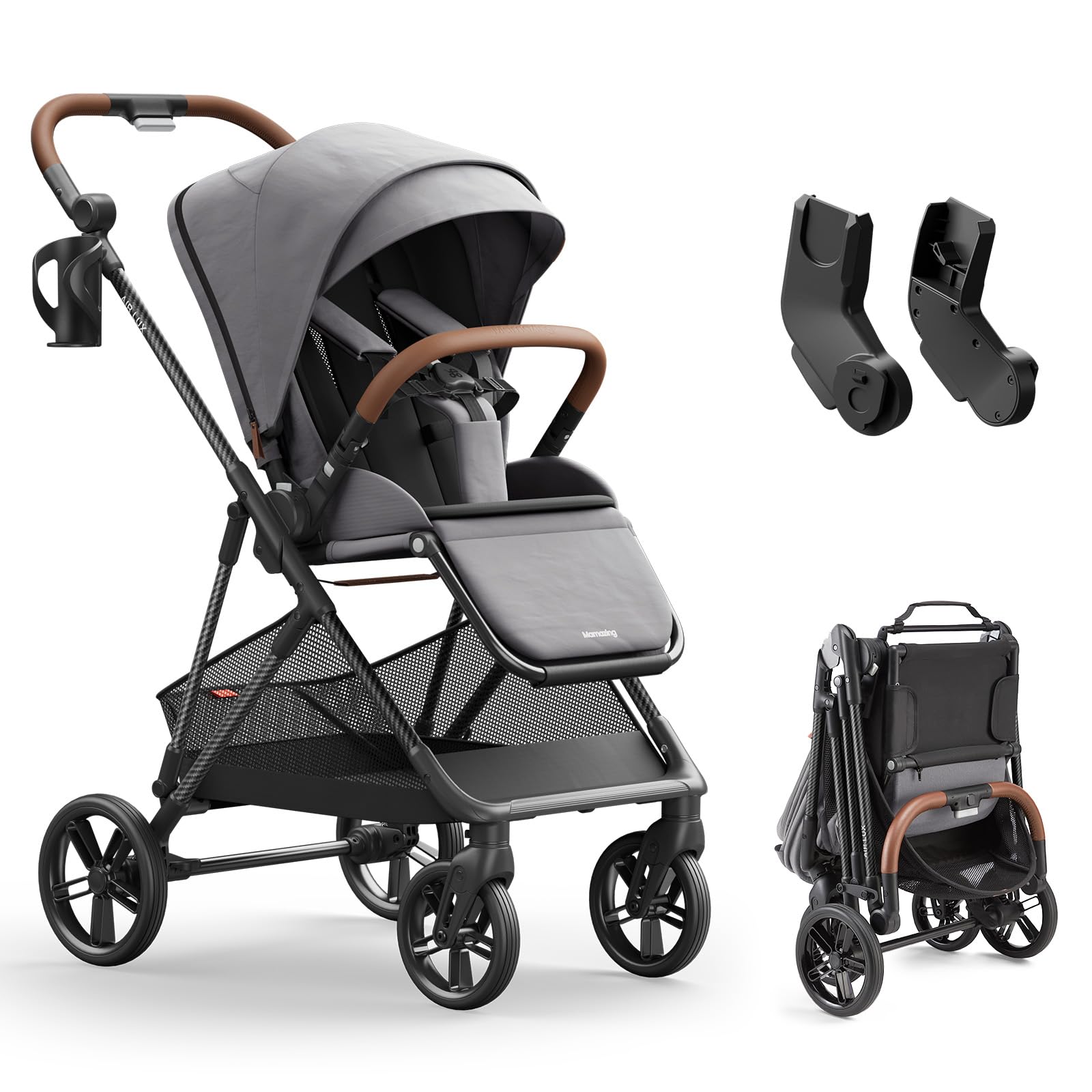 MAMAZING Air Lux Baby Stroller, Carbon Fiber Frame Only 15.8lbs, Compact Fold Toddler Stroller with Reversible Seat with Infant Insert, Included UPF 50+ Canopy, Large Storage Basket & Car Seat Adapter