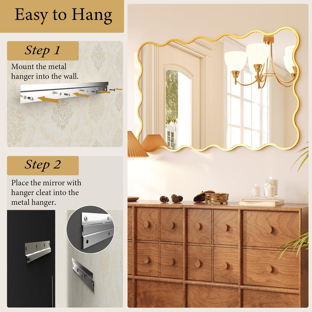 Kelly Miller 32x48 Inch Gold Scalloped Mirror, Large Rectangular Wavy Edge Bathroom Vanity Wall Mirror Decorative for Bedroom Living Room Entryway Fireplace Mantle