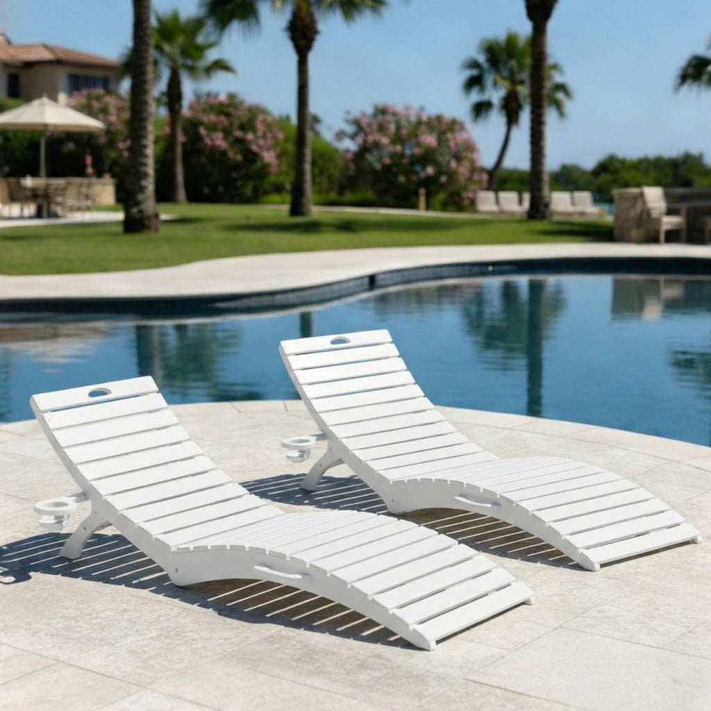 Tobeos Folding HDPE Pool Lounge Chairs Set of 2, Pre-Assembled Outdoor Chaise Lounge with Cup Holder for Poolside, Tanning Ledge, Pool Deck or Beach, Sandbag Not Included (White)