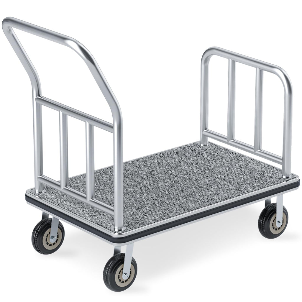 Hotel Luggage Cart, 900LBS Load Capacity Bellman's Cart with 8" Wheels, Brushed Stainless Steel Commercial Grade Hotel Luggage Trolley with Grey Carpeted Deck for Hotels (42''L x 25''W x 38''H)