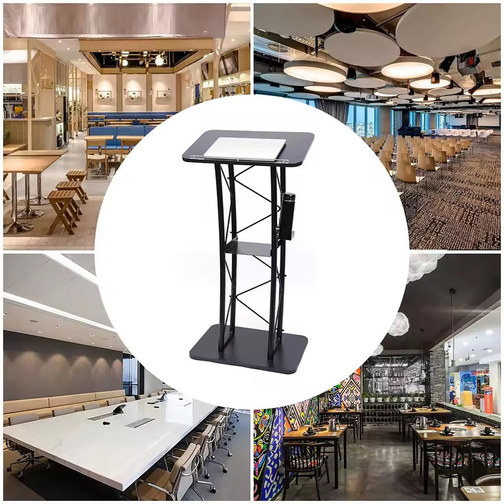 Black Curved Podium Stand - Metal Lectern for Classroom, Stage & Church - Large Pulpit for Speeches, Ceremonies, Celebrations - Professional Presentation Equipment