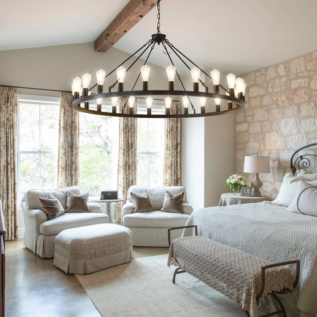 53” Large Farmhouse Wagon Wheel Chandelier,Black Rustic Chandelier 24-Lights,Round Dining Room Light with Adjustable Height,Industrial Ceiling Light Fixtures for Kitchen,Foyer,Porch,Living room
