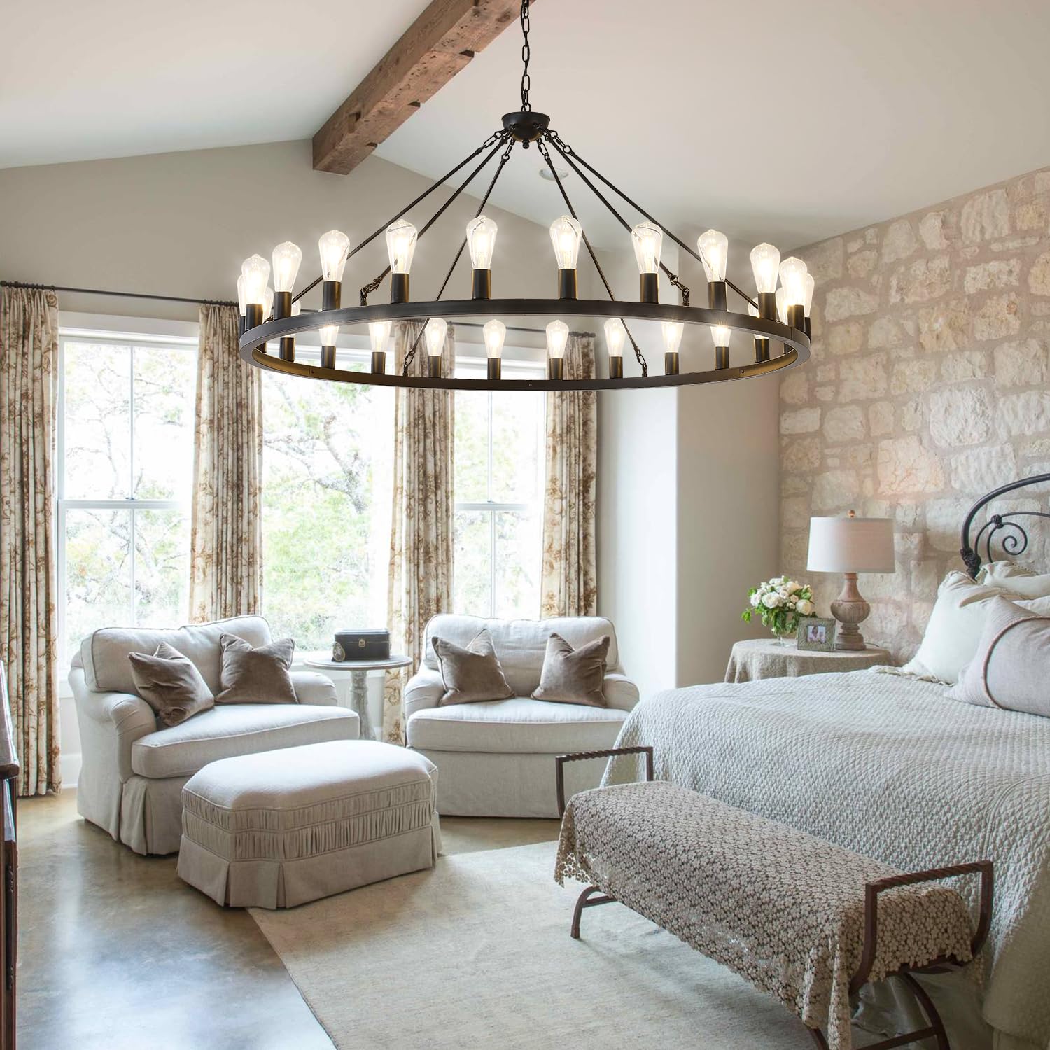 53” Large Farmhouse Wagon Wheel Chandelier,Black Rustic Chandelier 24-Lights,Round Dining Room Light with Adjustable Height,Industrial Ceiling Light Fixtures for Kitchen,Foyer,Porch,Living room
