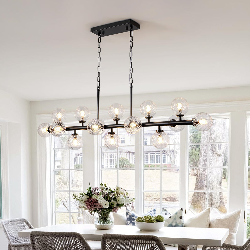 DFJL 50" Modern Linear Chandelier,Mid Century Black Finish and Transparent Pleats Glass Bubble Sputnik Pendant Light Fixtures, for Dining Room Kitchen Island Rectangle Over Table 16-Lights