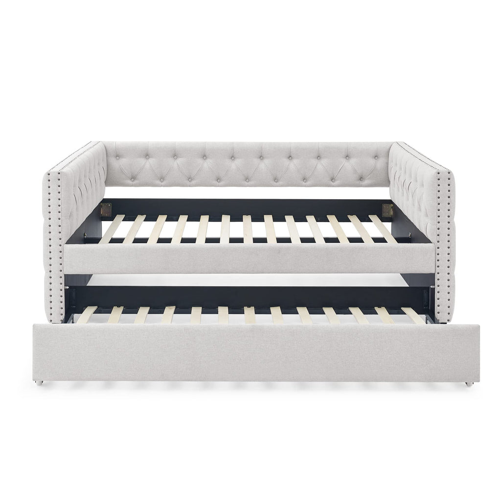 Acosure Upholstered Full Size Daybed with Trundle Twin,Solid Wooden Sofa Bed Frame W/Button Tufted & Copper Nail on Square Arms,No Spring Box Need,Bedframe for Living Room Bedroom Dorm,Beige Linen