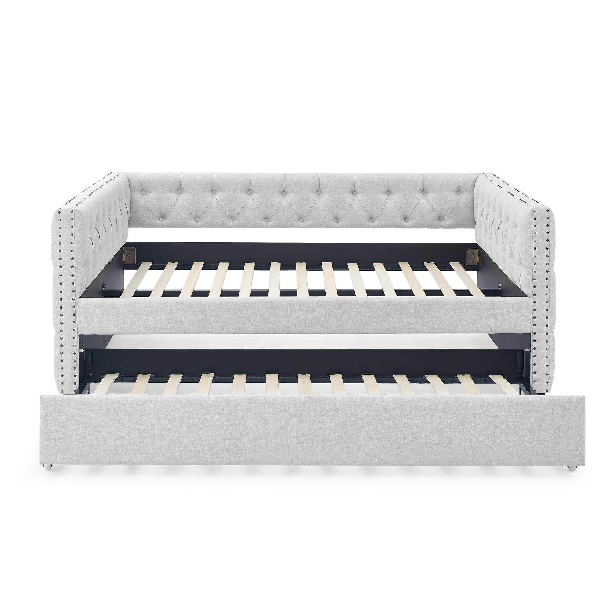 Acosure Upholstered Full Size Daybed with Trundle Twin,Solid Wooden Sofa Bed Frame W/Button Tufted & Copper Nail on Square Arms,No Spring Box Need,Bedframe for Living Room Bedroom Dorm,Beige Linen