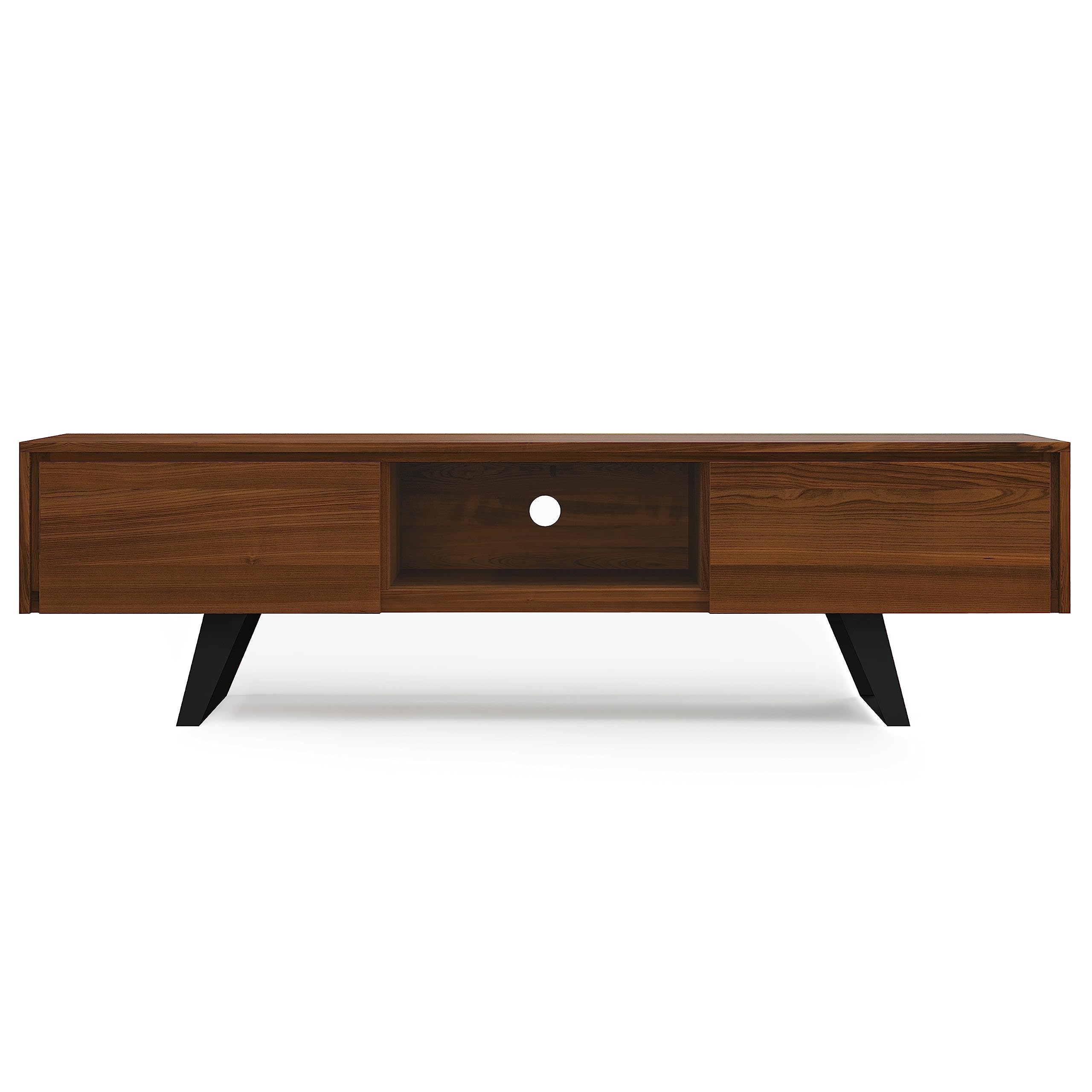 SIMPLIHOME Lowry TV Stand - 72 inch Wide Solid Mango Wood Media Console in Walnut, Modern Industrial Entertainment Center for Living Room for TVs up to 80 Inches with Open Shelf and Cable Management