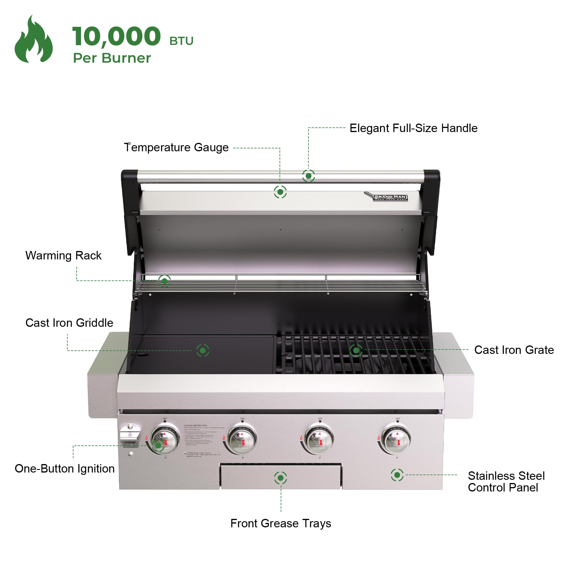 Brand-Man Gas Grill Built-In Head, 30-Inch 4-Burner Propane Grill, Natural Gas Convertible, Heavy Duty 304 Stainless Steel 40,000BTUs BBQ Island Outdoor Kitchen