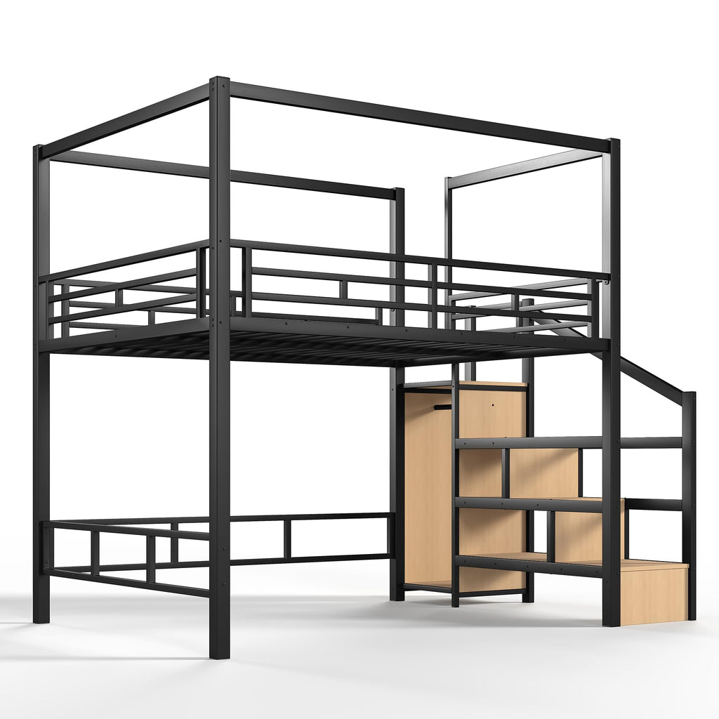 Bellemave Queen Size Loft Bed Frame with Storage Stairs and Wardrobe, Queen Size Game Loft Bed with Canopy Frame, Heavy Duty Loft Bed for Adults Teens Black