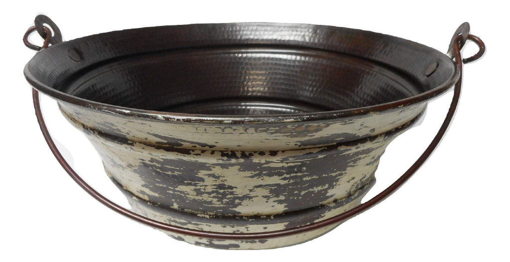 Simply Copper 15" Round Copper Vessel BUCKET Sink in Distressed Antique White Exterior with 13" Pump Faucet and Daisy Drain