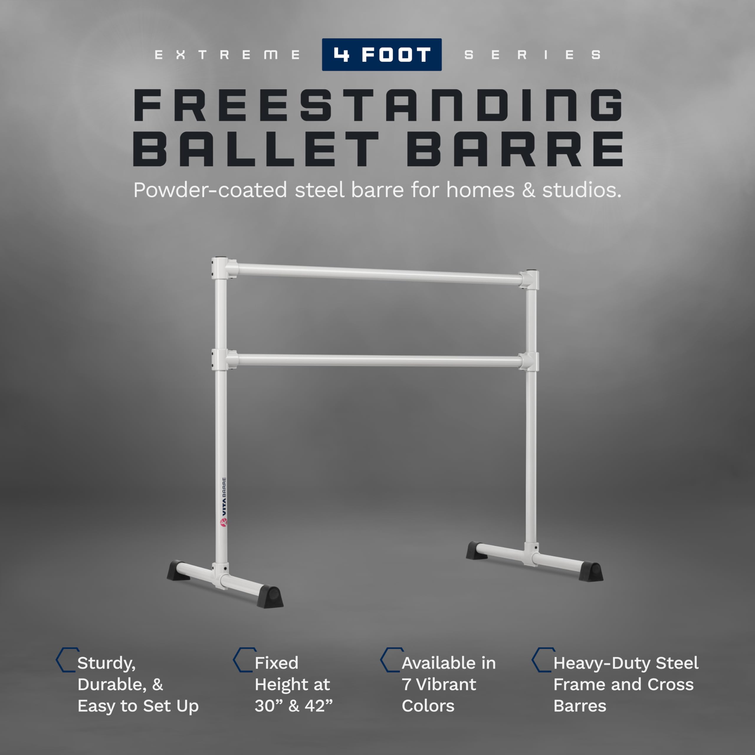 VITA Barre Portable Freestanding Double Ballet Barre, Extreme, 4 Ft Bars, Satin Silver, Steel | Fixed Height, Made in USA, Home or Gym Exercise Equipment for Kids & Adults | Dance, Fitness, Pilates