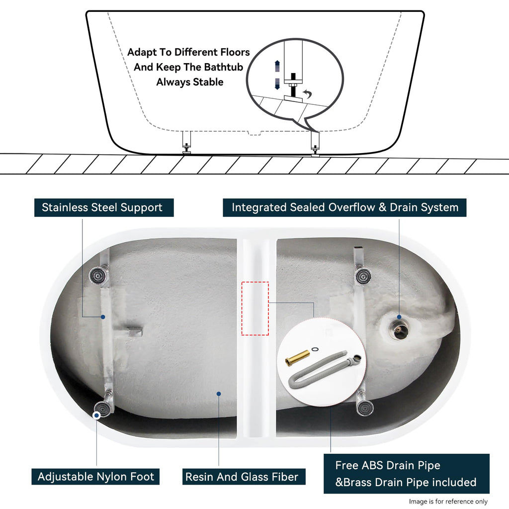 FerdY Lana'i 60" Freestanding Bathtub, Gracefully Shaped Freestanding Soaking tub, Glossy White, cUPC Certified, Brushed Nickel Drain Assembly