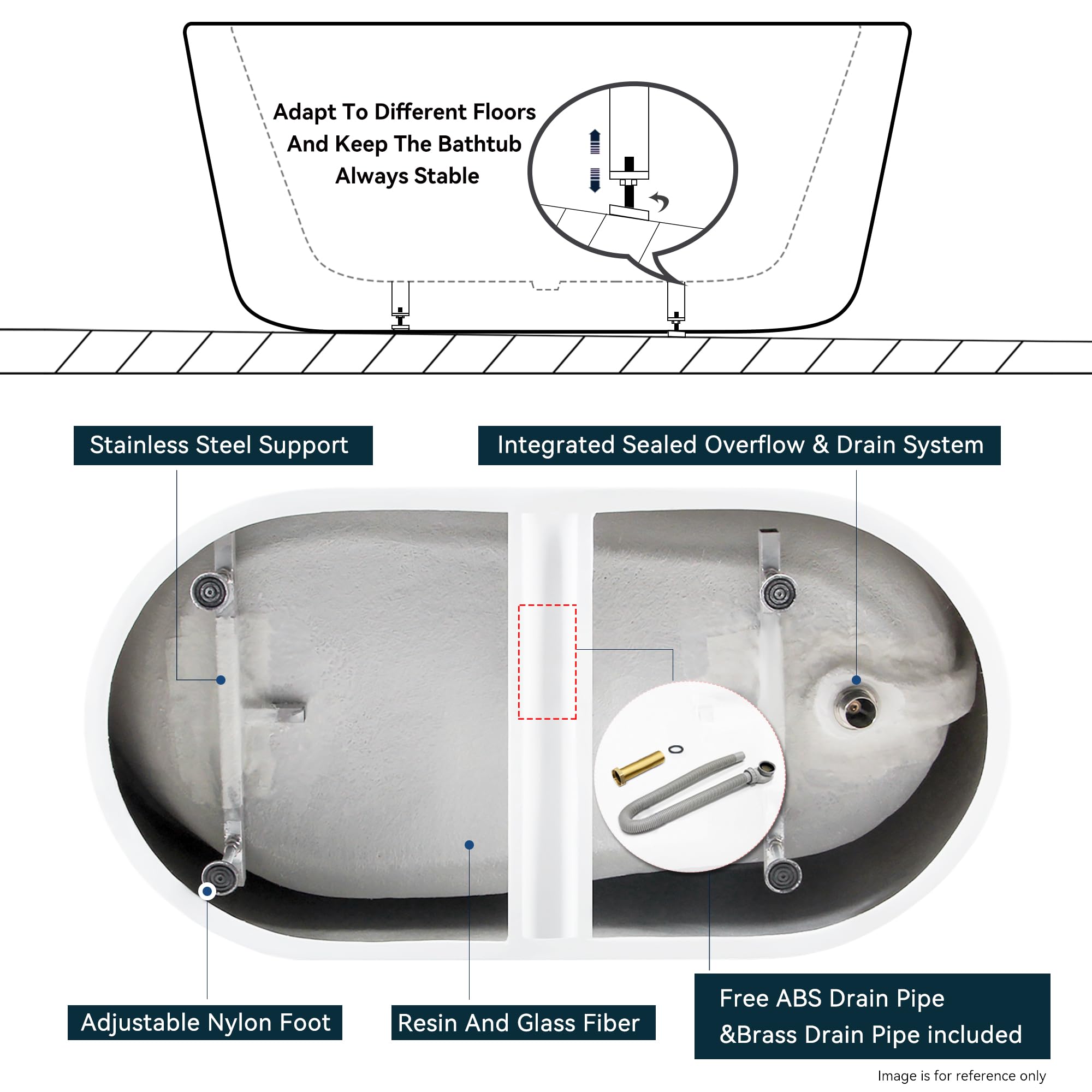 FerdY Lana'i 60" Freestanding Bathtub, Gracefully Shaped Freestanding Soaking tub, Glossy White, cUPC Certified, Brushed Nickel Drain Assembly