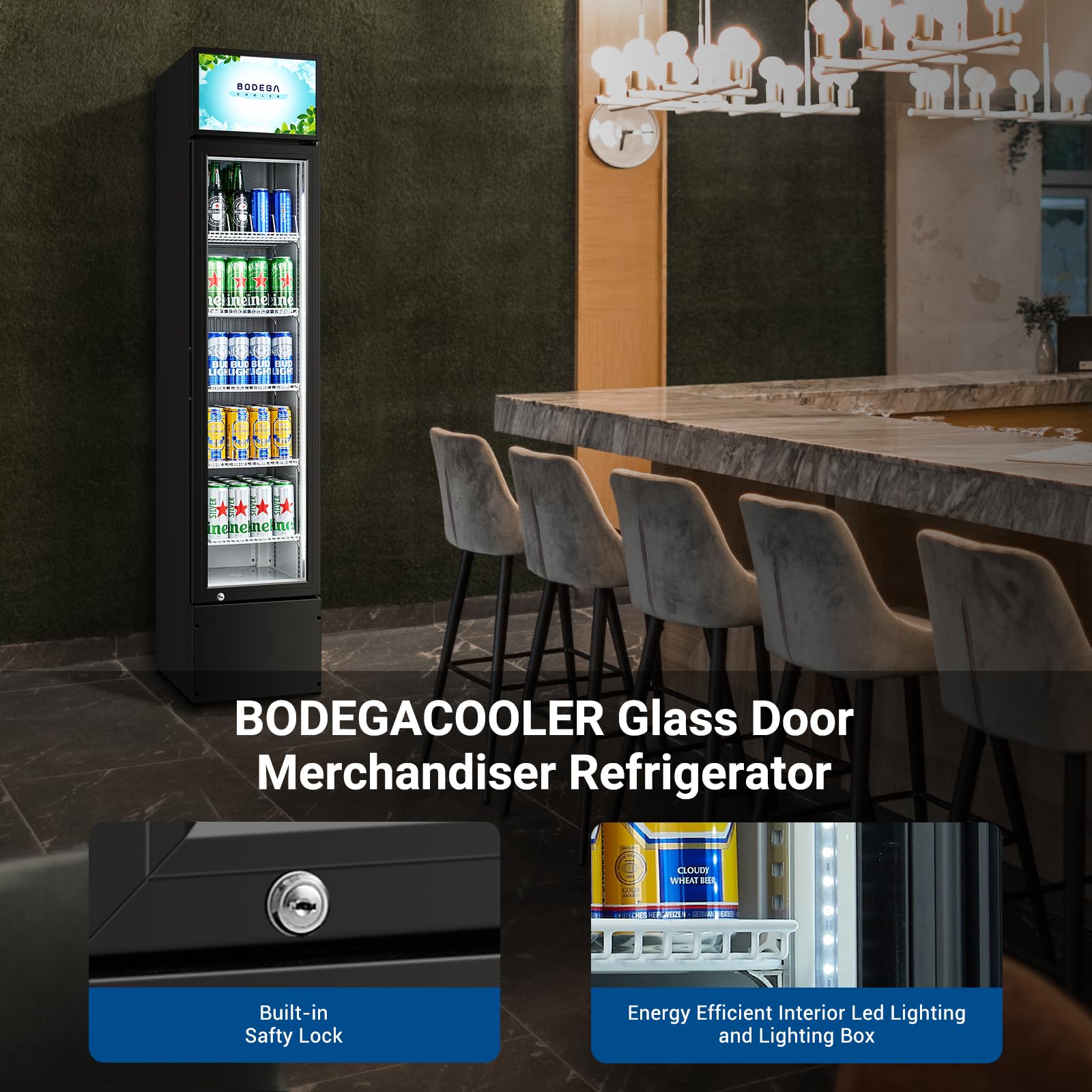 BODEGACOOLER Commercial Merchandiser Refrigerator, 5.7 Cu.Ft Single Swing Glass Door Beverage Cooler, Upright Display Refrigerator with Soft LED Light, Adjustable Shelves, Black