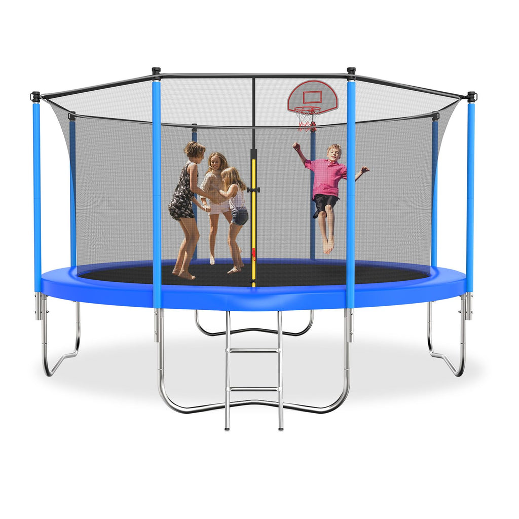Tatub 12FT Trampoline for Kids and Adults, Outdoor Recreational Trampolines with Basketball Hoop & Enclosure Net, Blue