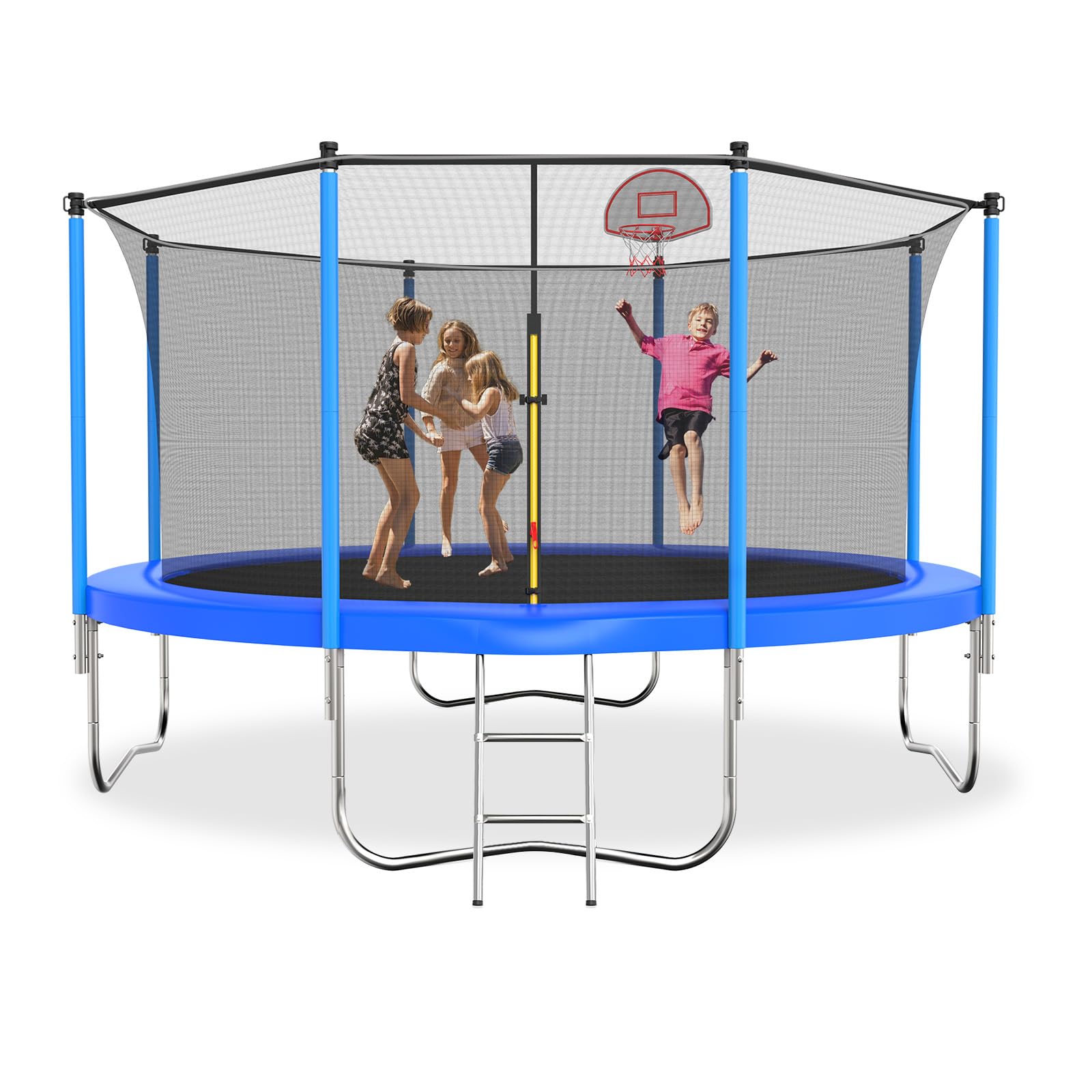 Tatub 12FT Trampoline for Kids and Adults, Outdoor Recreational Trampolines with Basketball Hoop & Enclosure Net, Blue