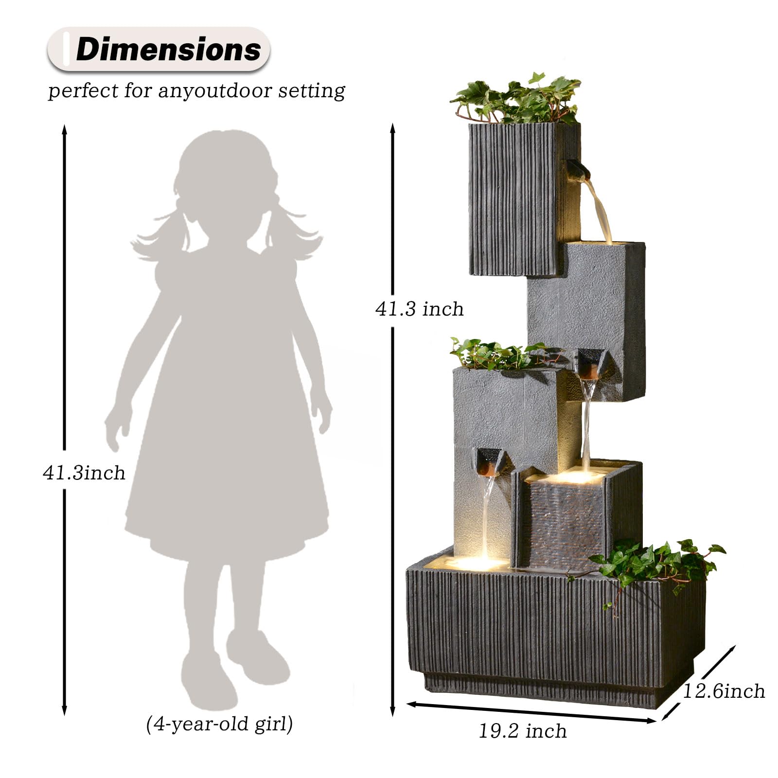 GardesT Outdoor Waterfall Fountain with LED Lights – 41.3" Tiered Resin Garden Fountain for Patio, Yard, or Backyard – Weather-Resistant Design Modern Decor