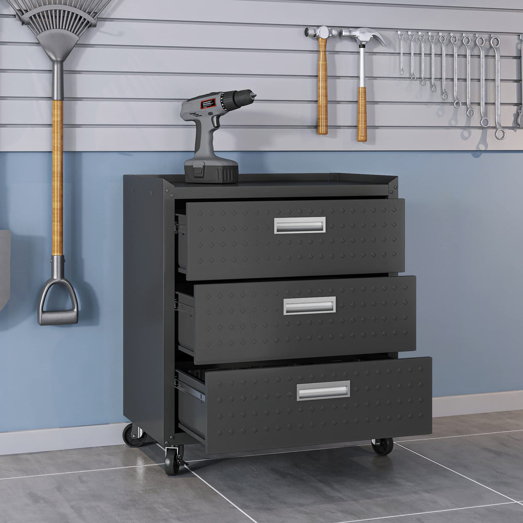 Manhattan Comfort Fortress 31.5-Inch Rolling Garage Tool Chest, 3-Drawer Lockable Mobile Storage Cabinet, Diamond-Textured Steel Utility Organizer with Wheels for Basement, Workshop in Charcoal Grey