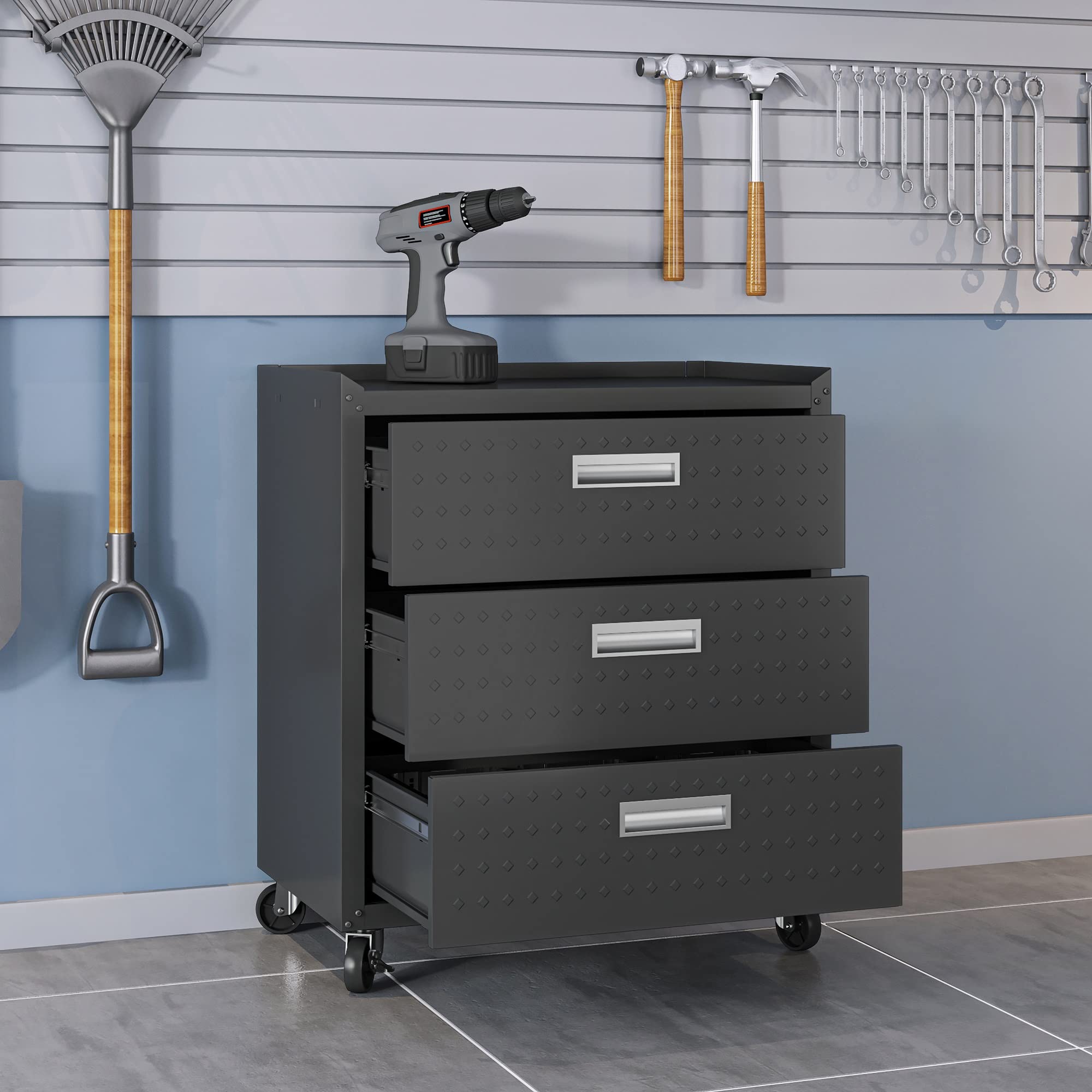 Manhattan Comfort Fortress 31.5-Inch Rolling Garage Tool Chest, 3-Drawer Lockable Mobile Storage Cabinet, Diamond-Textured Steel Utility Organizer with Wheels for Basement, Workshop in Charcoal Grey