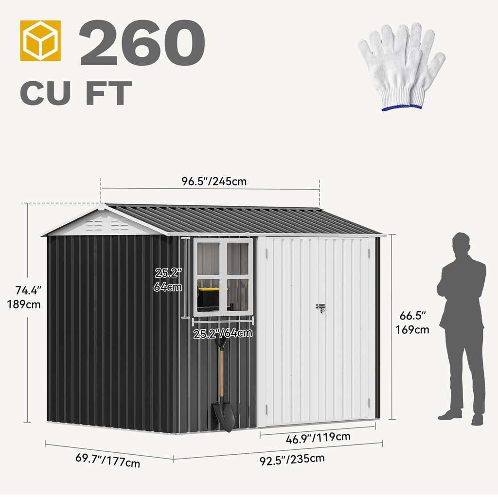 DWVO 8x6ft Large Tool Storage Shed with Window, Lockable Doors, and Sloped Roof, Oversized Steel Outdoor Storage Shed for Garden, Patio, Garage, Backyard, Lawn - Gray & White