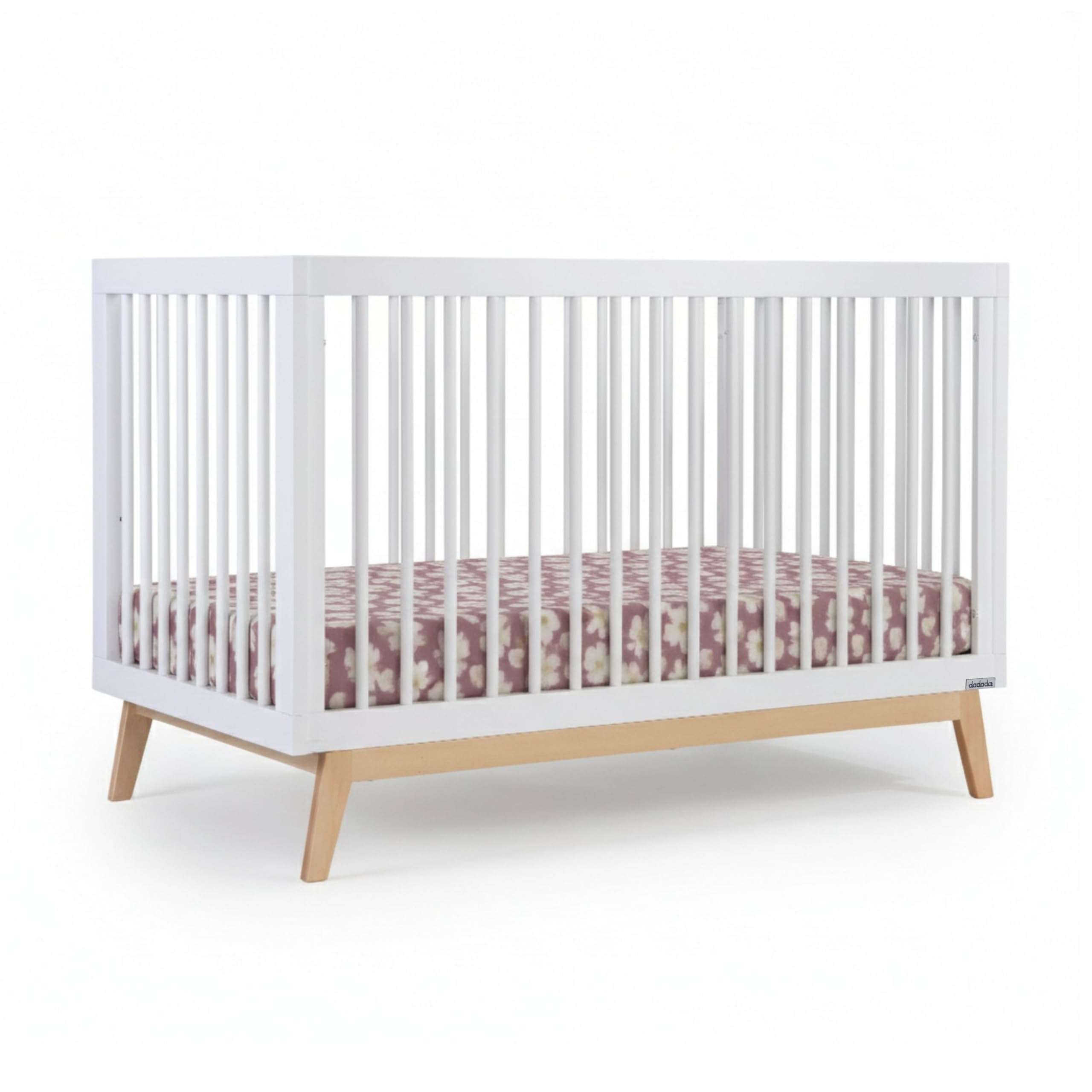 dadada Baby Soho 3-in-1 Convertible Wooden Crib to Toddler Bed - Made in Italy, GREENGUARD Gold Certified, Baby-Safe Finish, Handcrafted Beechwood, Modern Design, 3 Adjustable Heights (White/Natural)