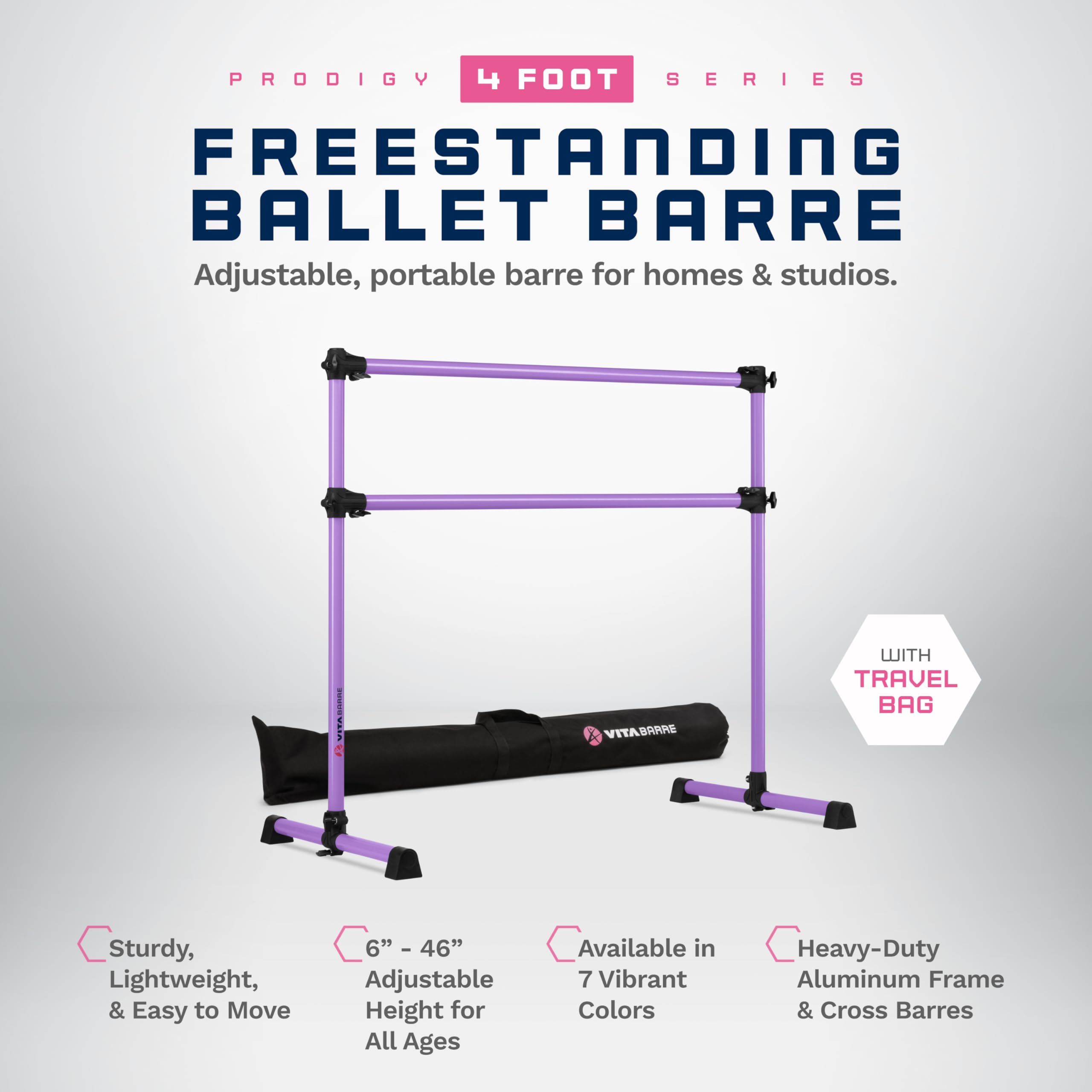 VITA Barre Portable Freestanding Double Ballet Barre, Prodigy, 4 Ft Bars, Purple, with Bag | Adjustable Height, USA Made, Home or Gym Exercise Equipment for Kids & Adults | Dance, Fitness, Pilates