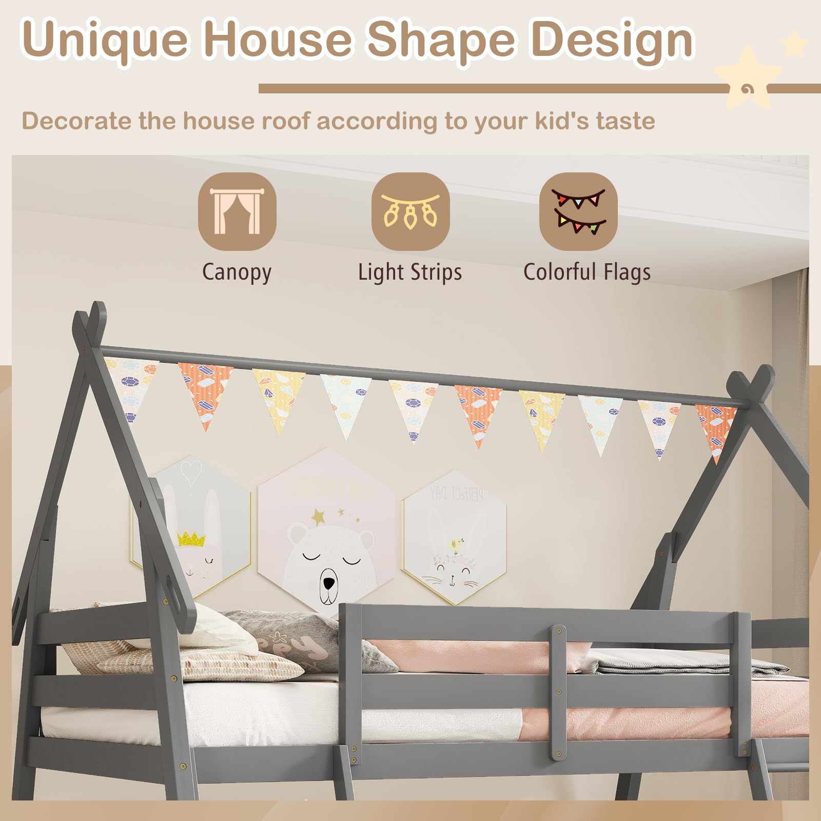 KOTEK Twin Over Queen Bunk Bed, House Bunk Beds with Climbing Nets and Ramp, No Box Spring Needed, Solid Wood Low Bunk Bed Frame for Kids Boys Girls (Grey)