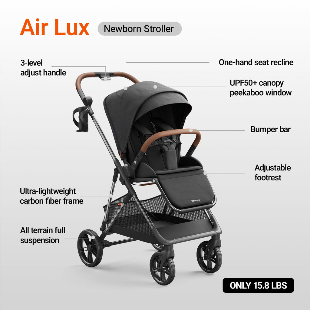 MAMAZING Air Lux Baby Stroller with Bassinet from Newborn to 50 lbs, Strength Carbon Fiber Frame Only 15.8lbs, Bassinet Stroller Included Reversible Seat, Car Seat Adapter & Large Storage Basket