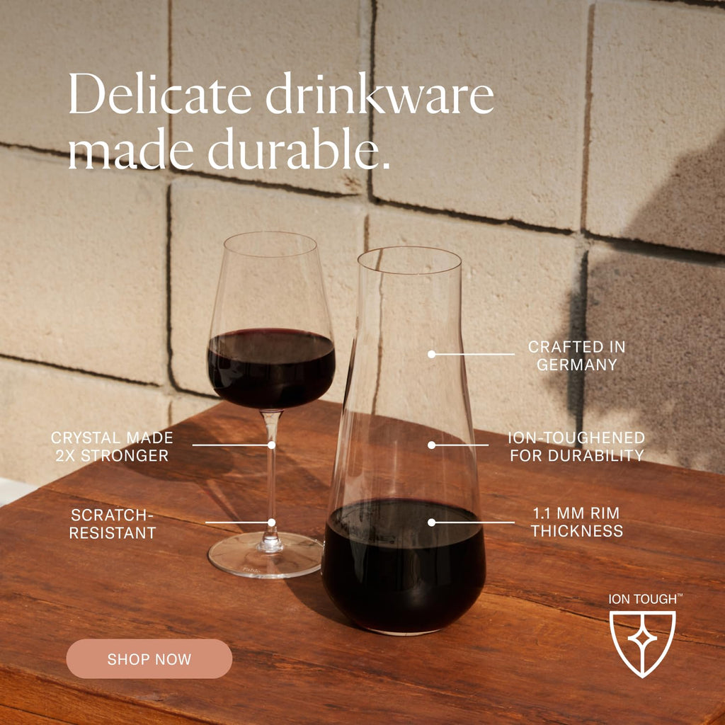 Fable Premium Wine Set - Includes 4 Crystal Wine Glasses and 1 Durable Glass Carafe - Dishwasher Safe Crystalware Bundle with Matching Carafe, Clear