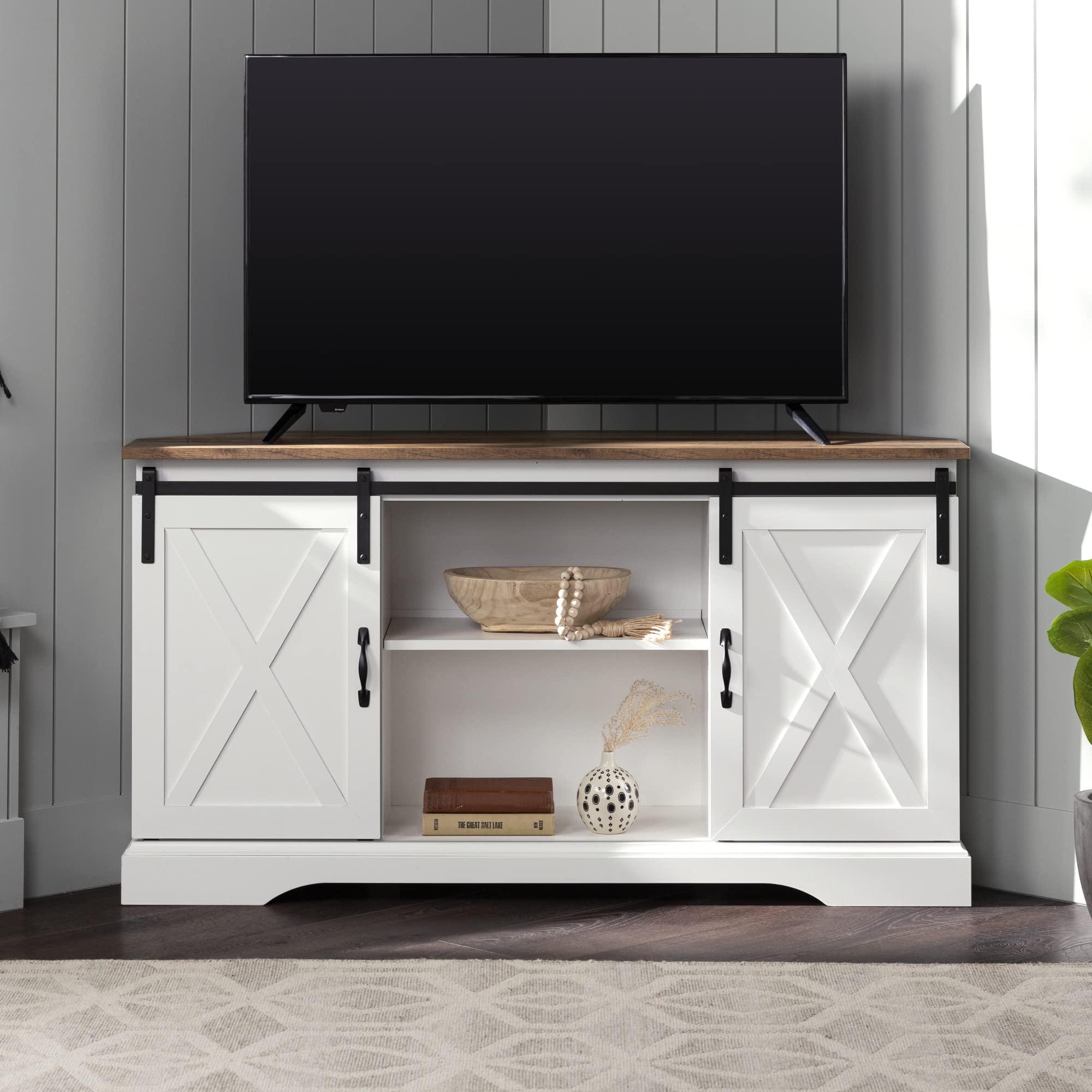 Walker Edison Everette Modern Farmhouse Double Sliding X Barn Door TV Stand for TVs up to 58 Inches 52 Inch Reclaimed Barnwood and Solid White
