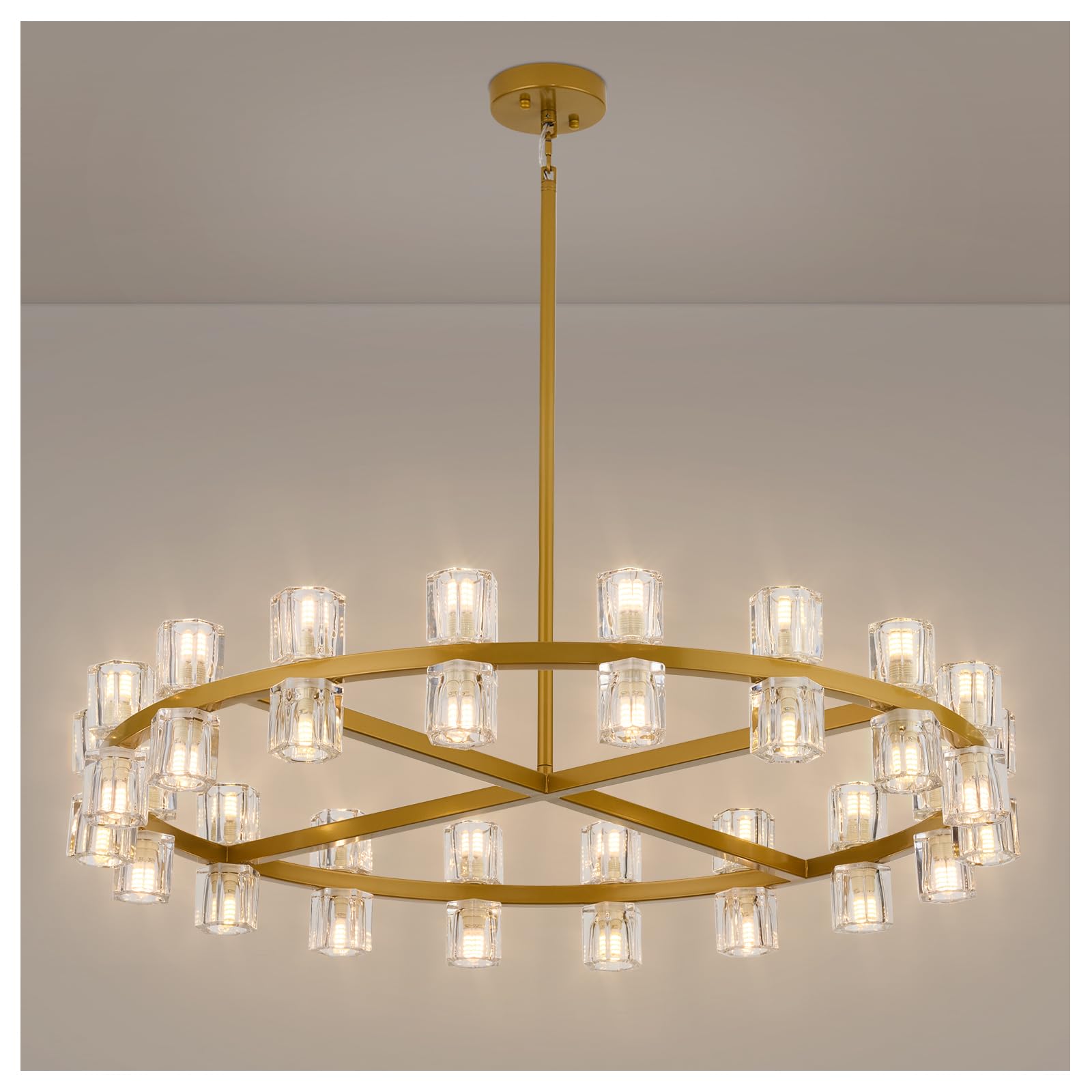 MeiYDeng 36 Inch Gold Crystal Wagon Wheel Chandelier, Modern Farmhouse Round 36-Lights Pendant Lighting Fixture, for High Ceilings Living Room, Bedroom, Foyer