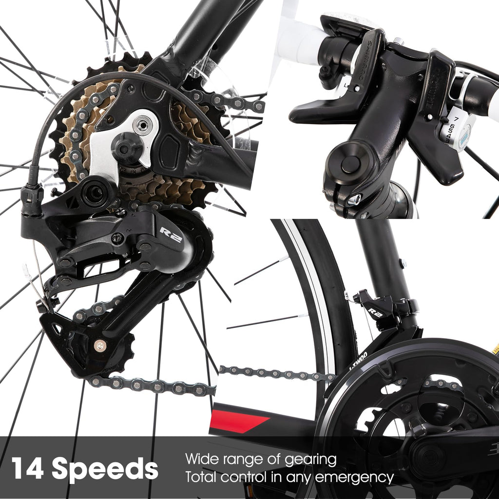 HILAND 14 Speeds 700C Road Bike, Light Weight Aluminum Frame Sport Bike, Racing Bike for Men Women Adult Bicycle 57 CM Frame Black