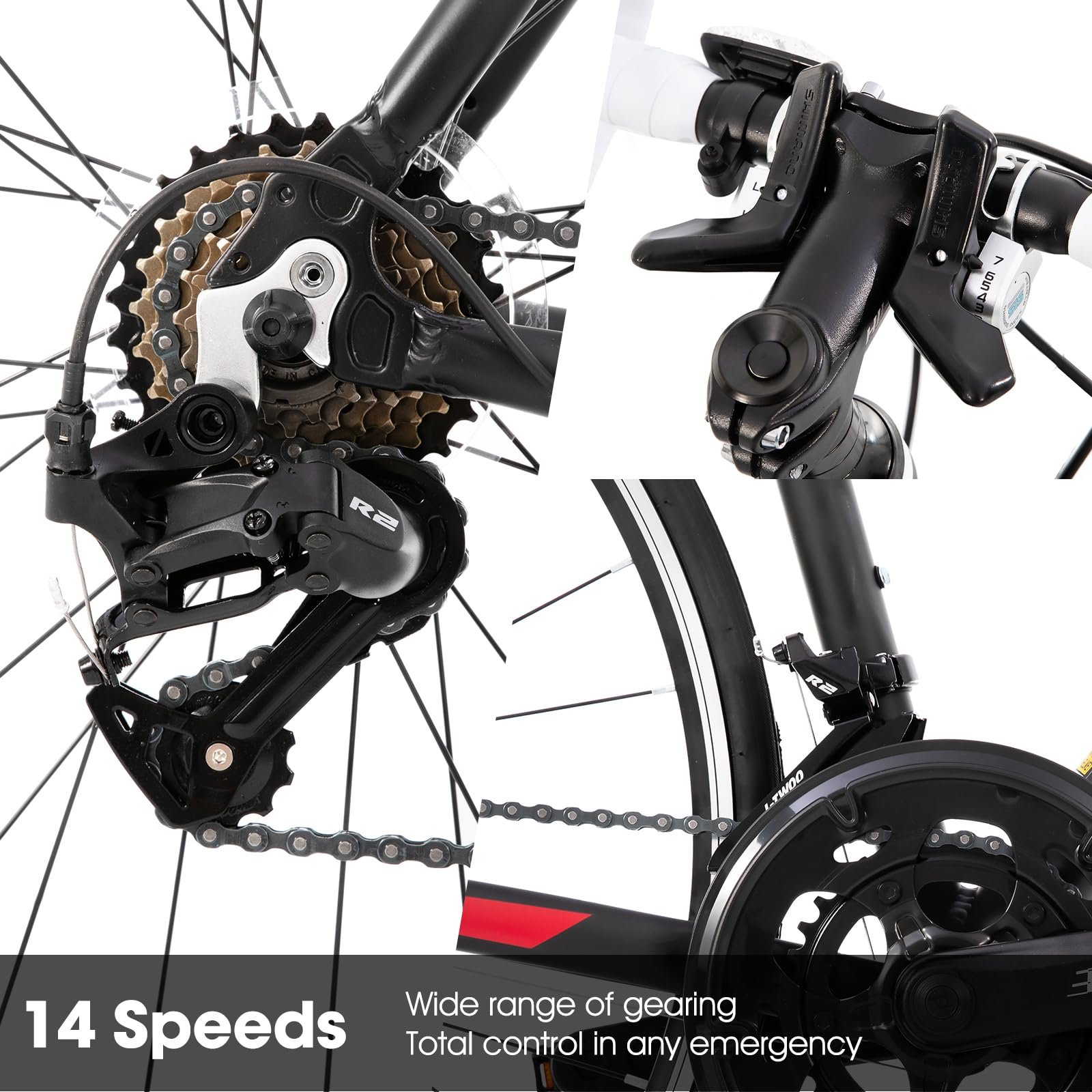 HILAND 14 Speeds 700C Road Bike, Light Weight Aluminum Frame Sport Bike, Racing Bike for Men Women Adult Bicycle 57 CM Frame Black