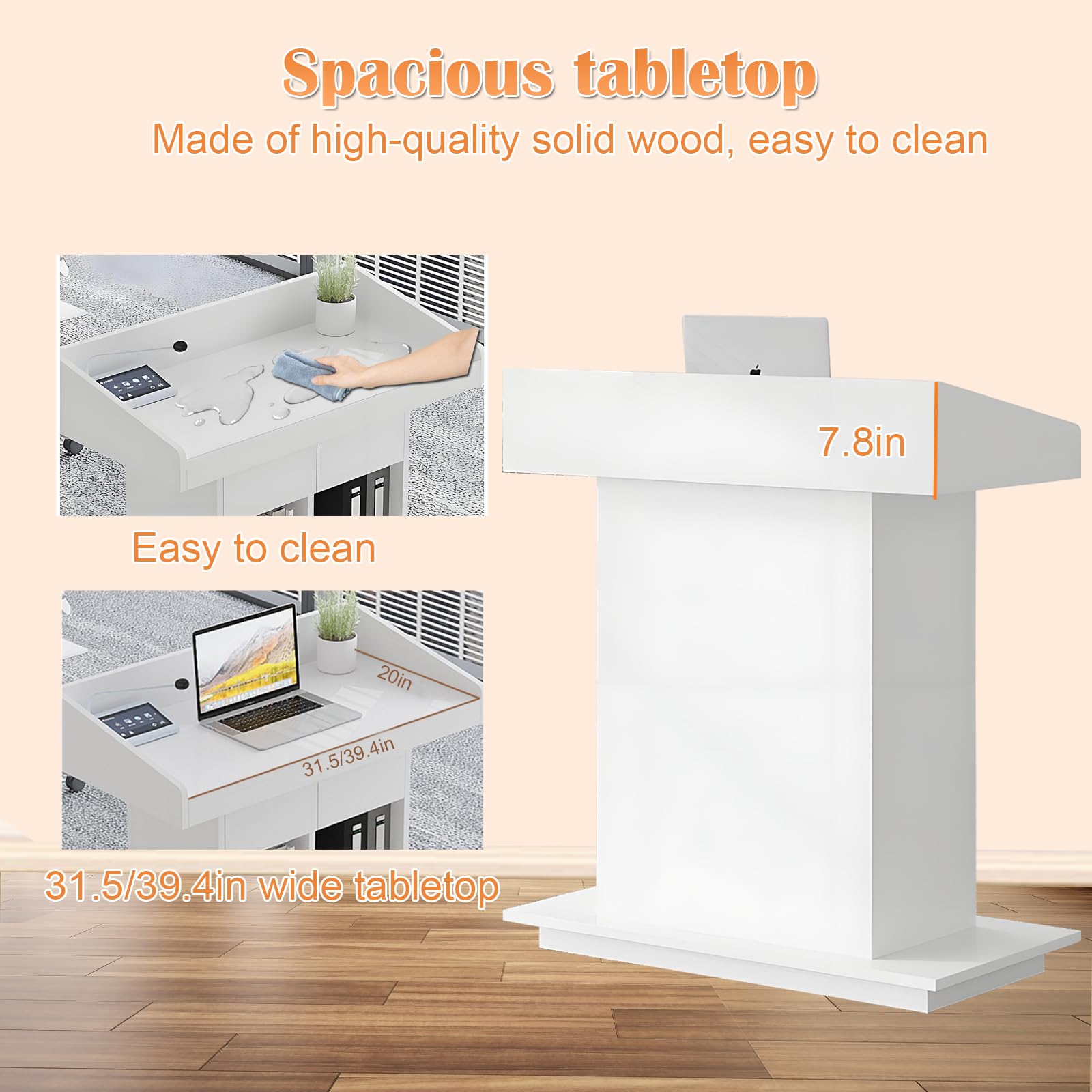 Wooden Podium Stand, Lecterns & Podiums with Storage Shelves and Drawer, Pulpits for Churches Classrooms and Conferences, Easy to Clean and Install (White, 39.4in)