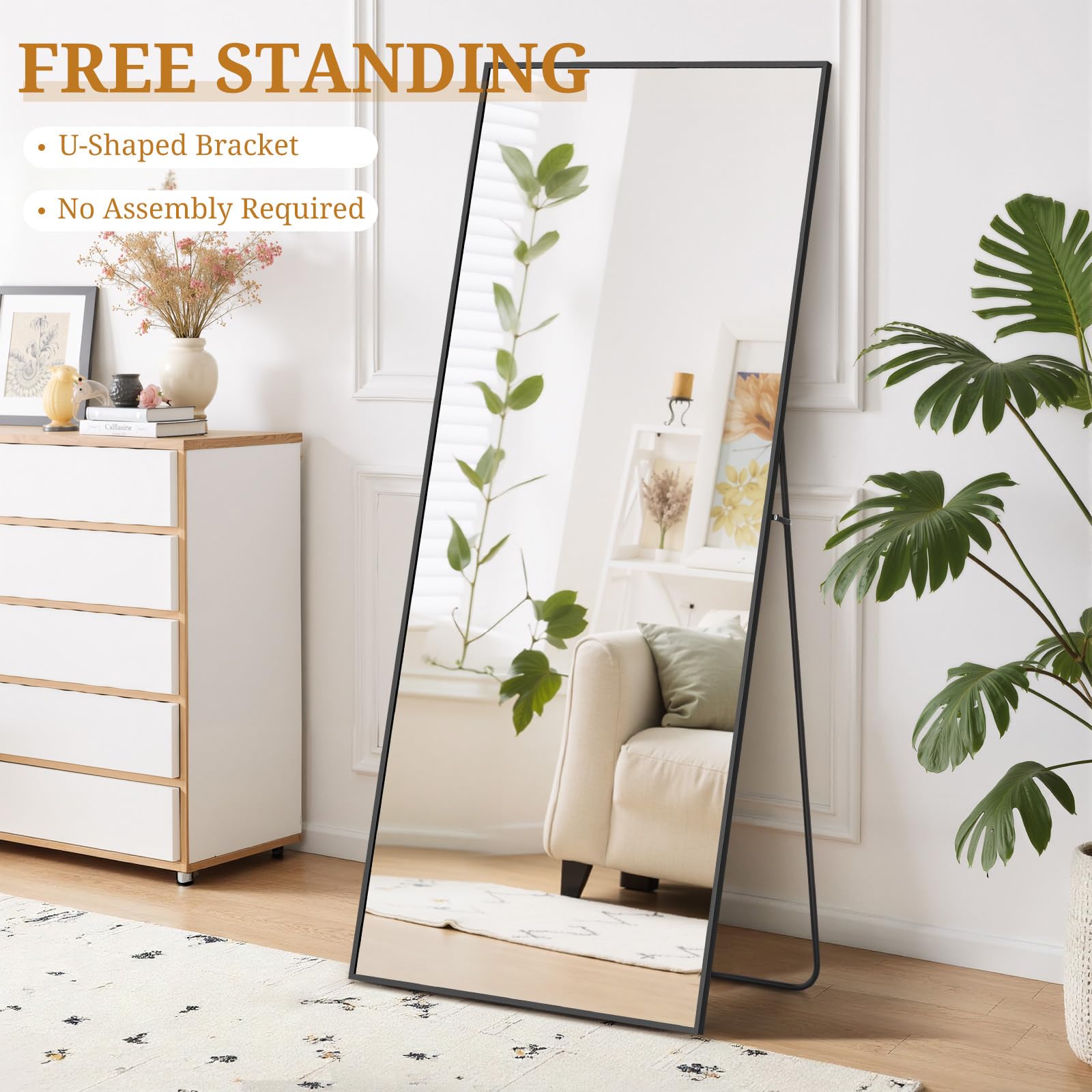 Accver Full Length Mirror 71"x26" Full Body Mirror Rectangle Free Standing Wall Mounted Leaning Floor Mirrors with Stand Aluminum Alloy Frame for Bedroom Cloakroom, Black