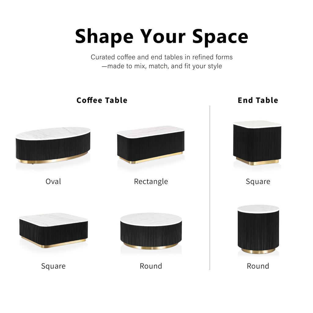 Furniture of America Beryl Modern Square White Genuine Marble Top Coffee Table with Fluted Pedestal Base and Gold Stainless Steel Accent, Low Profile Table for Living Room, Home Office, Black