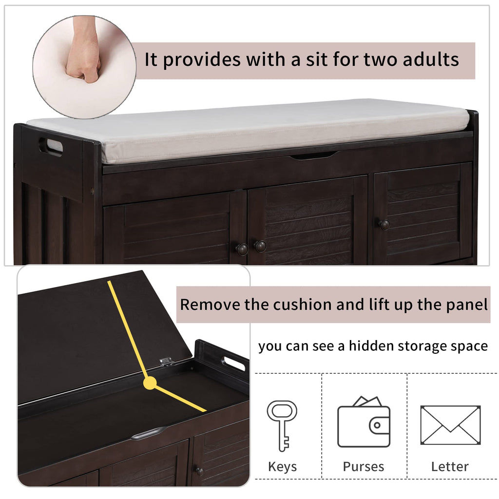Acosure Wood Storage Bench 3 Shutter-Shaped Doors,Multifunction Shoebox W/ 2 Size and Removable Cushion & Hidden Savings Space,for Entryway,Bedroom,Living Room,Espresso