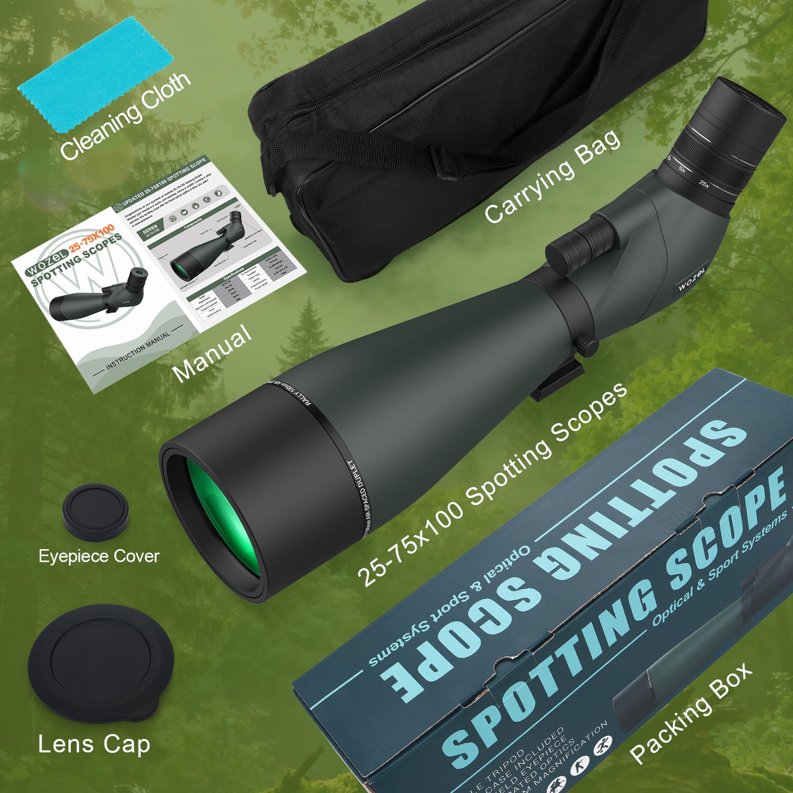 WOZEL 25-75x100 Spotting Scopes for Bird Watching - 45 Degree Angled BAK4 Prism High Definition Waterproof HD Spotter Scope for Bird Watching with Carrying Bag