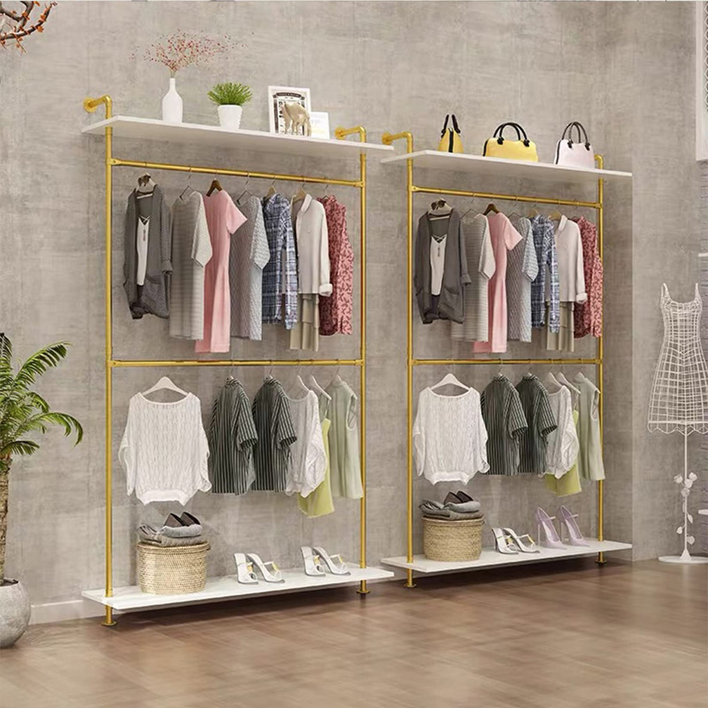 FURVOKIA Modern Simple 2 Tier Industrial Pipe and Wood Garment Rack,Wall Mounted Double Hanging Rods Clothing Rack,Retail Display Storage Clothes Hanging Shelves (One Shelves,Gold, 47.2"L)