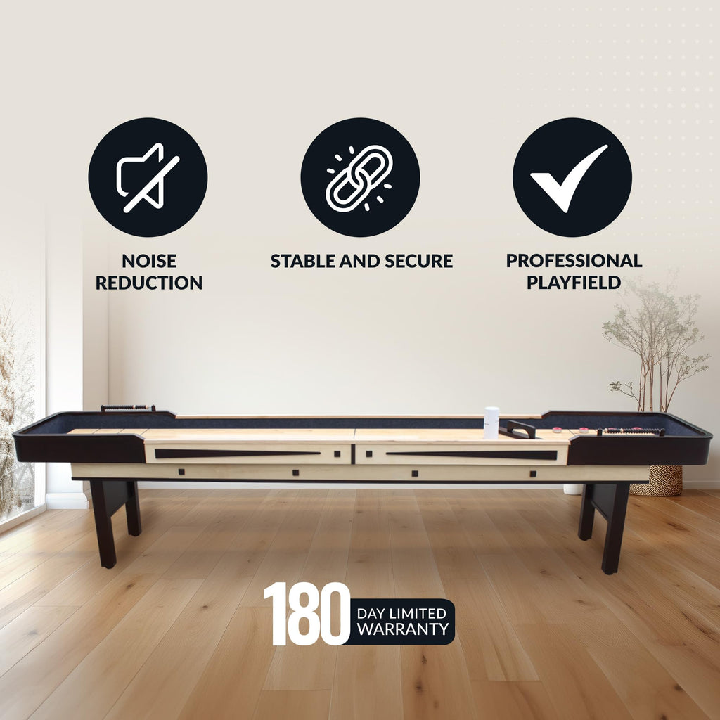 Hathaway Merlot 12 Foot Shuffleboard Table for Family Game Room - with Lacquer Coated Playfield, Built-in Scorer and Cabinet, Climate Adjusters, Leg Levelers, 8 Pucks, Brush, and Wax - Espresso Finish